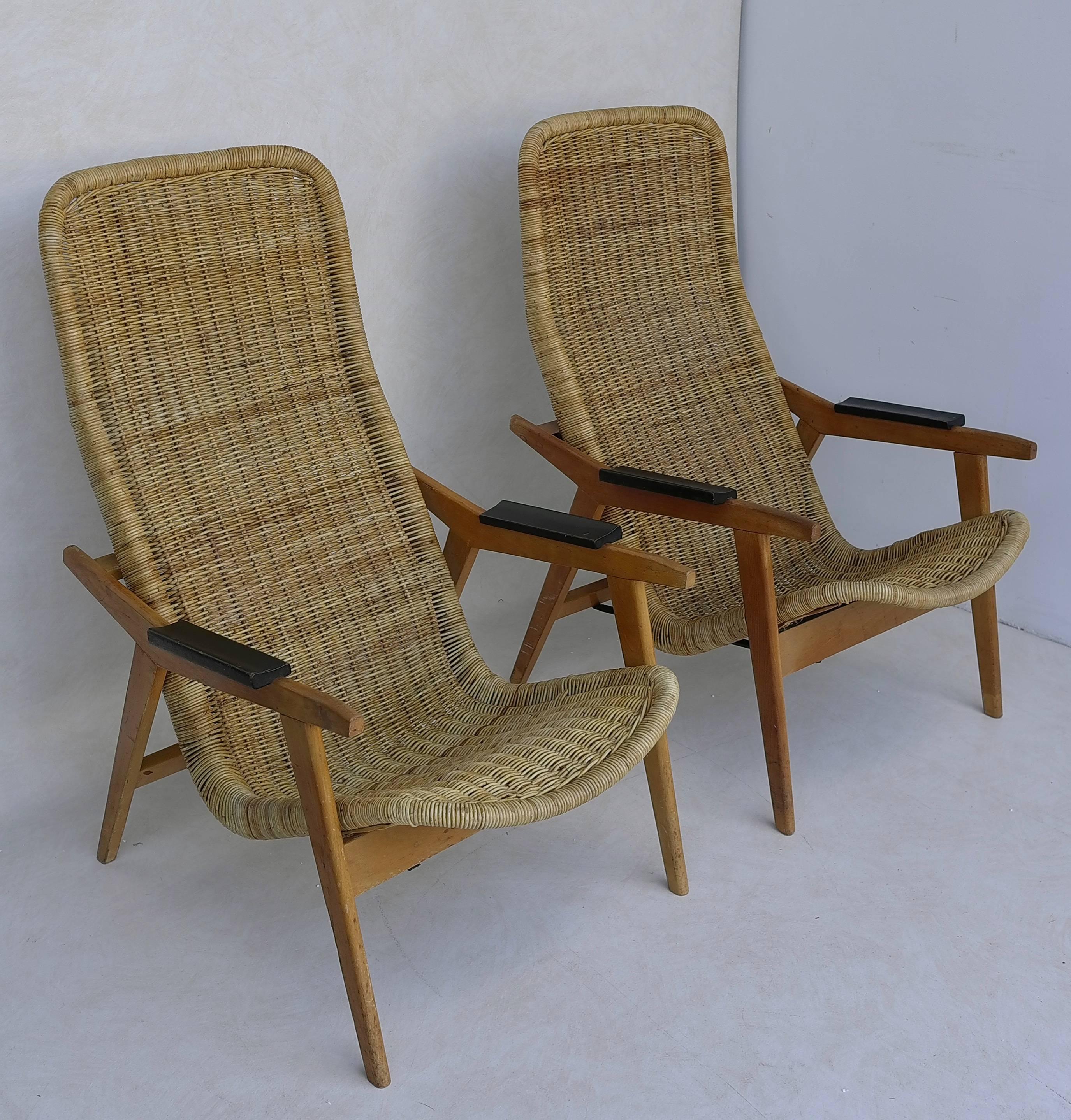 Dutch Rare Set of Dirk Van Sliedregt Rattan Lounge Chairs For Sale