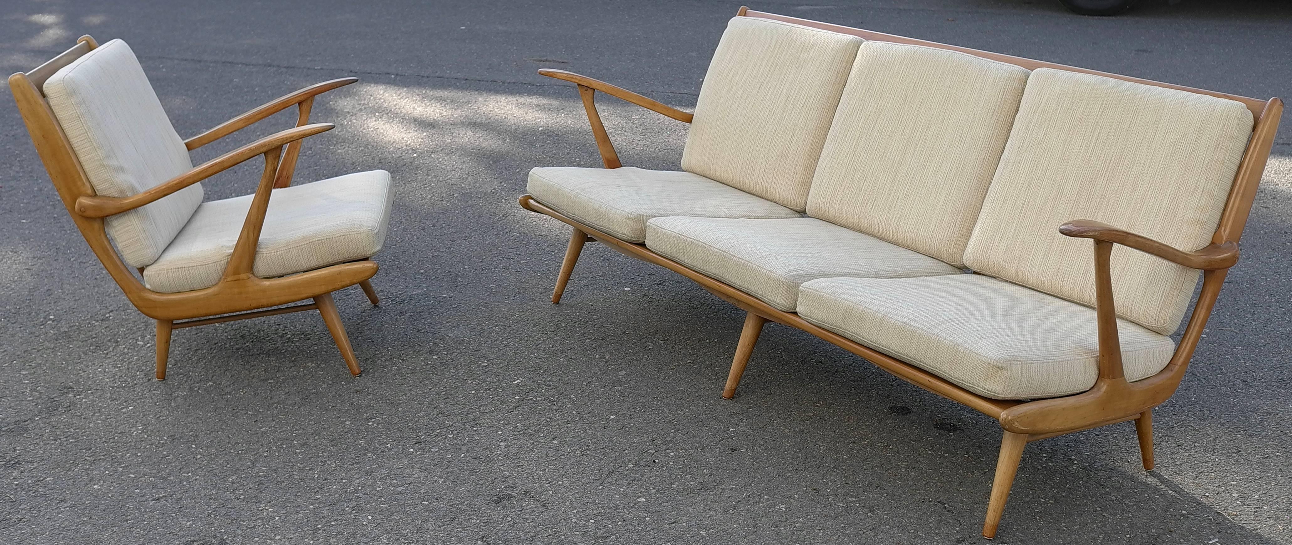Wood Organic Carlo Mollino Style Sofa with Armchair