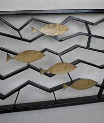 Pair of Metal Geometric Fence or Art Object with Golden Fish