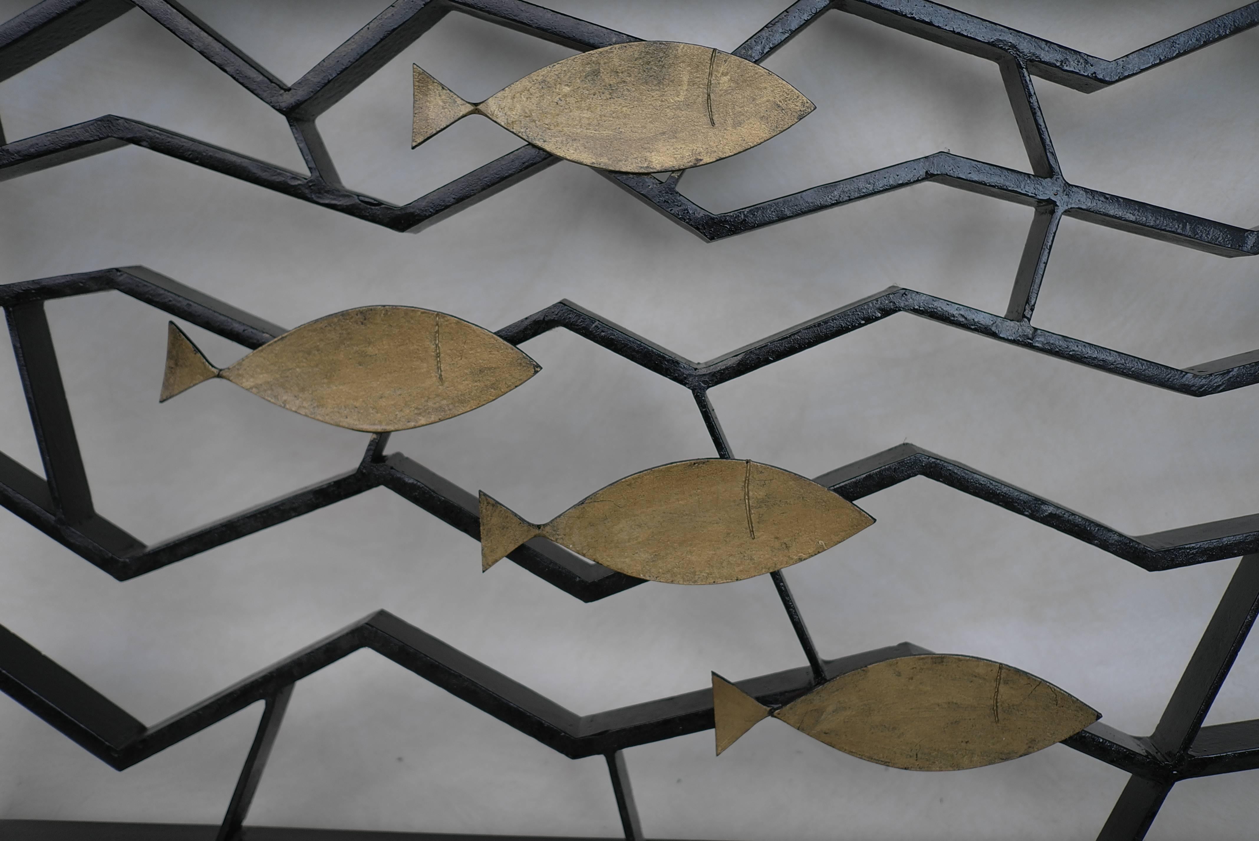 Mid-Century Modern Pair of Metal Geometric Fence or Art Object with Golden Fish For Sale