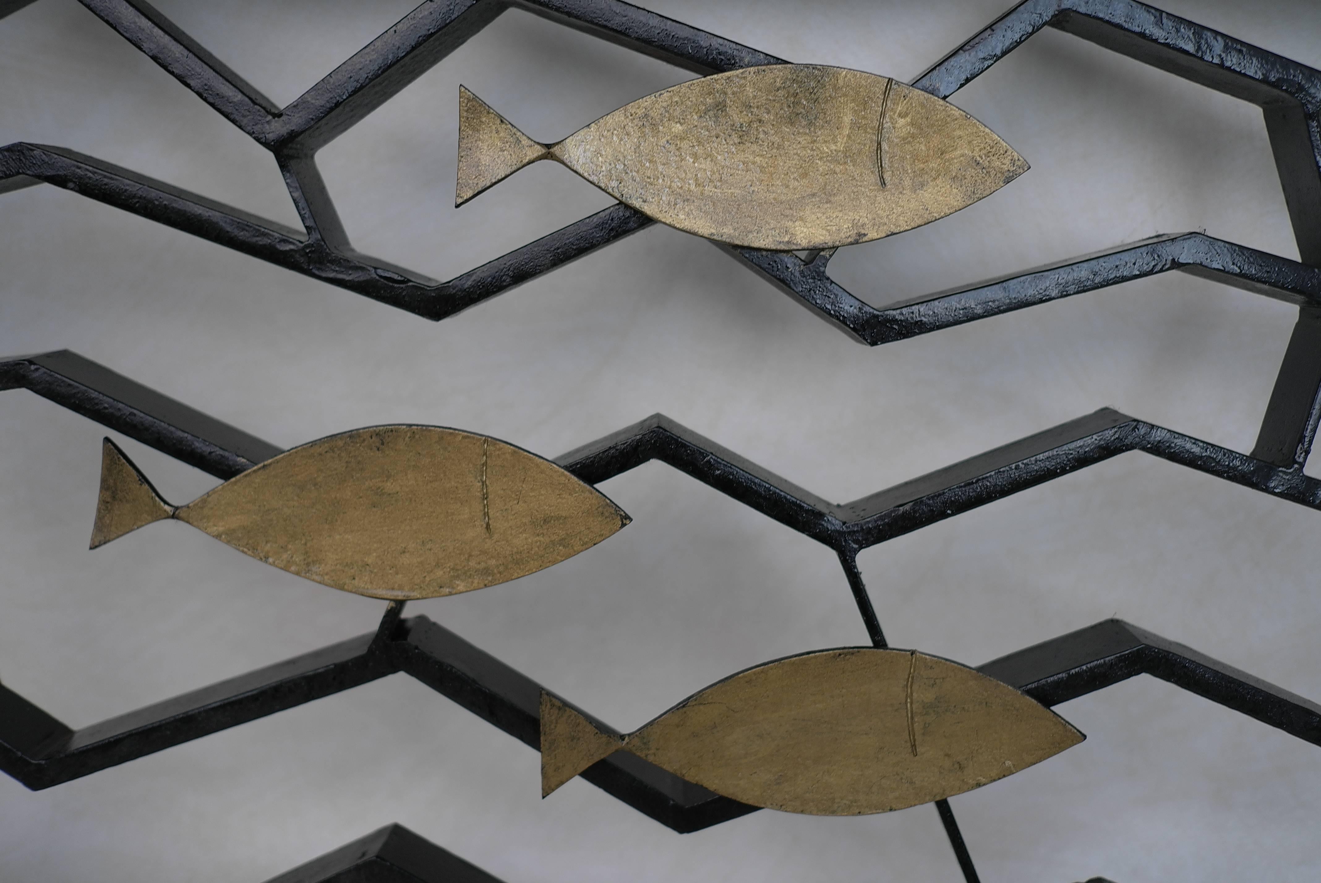 European Pair of Metal Geometric Fence or Art Object with Golden Fish For Sale
