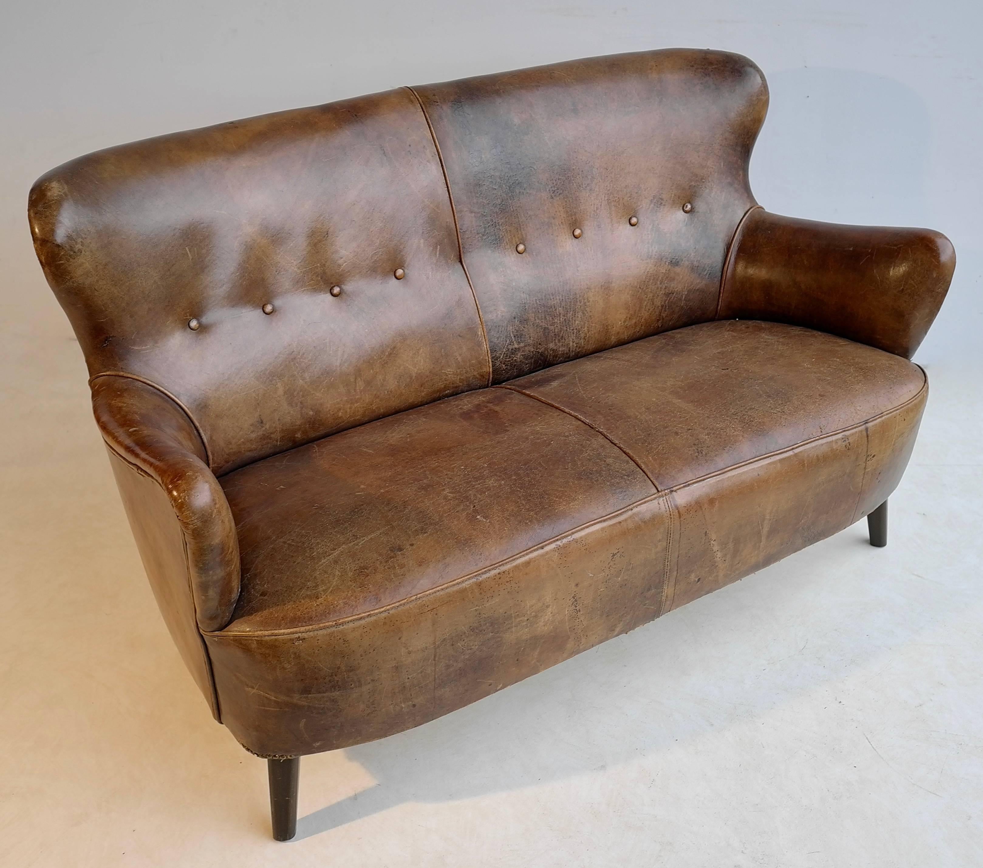 Mid-Century Modern Cognac Leather Sofa with a Rich Patina, by Theo Ruth for Artifort