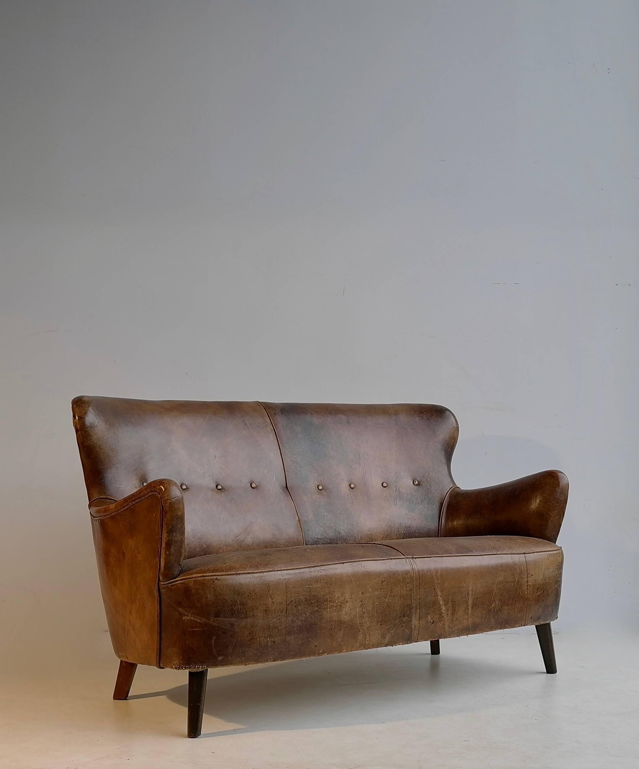 Dutch Cognac Leather Sofa with a Rich Patina, by Theo Ruth for Artifort