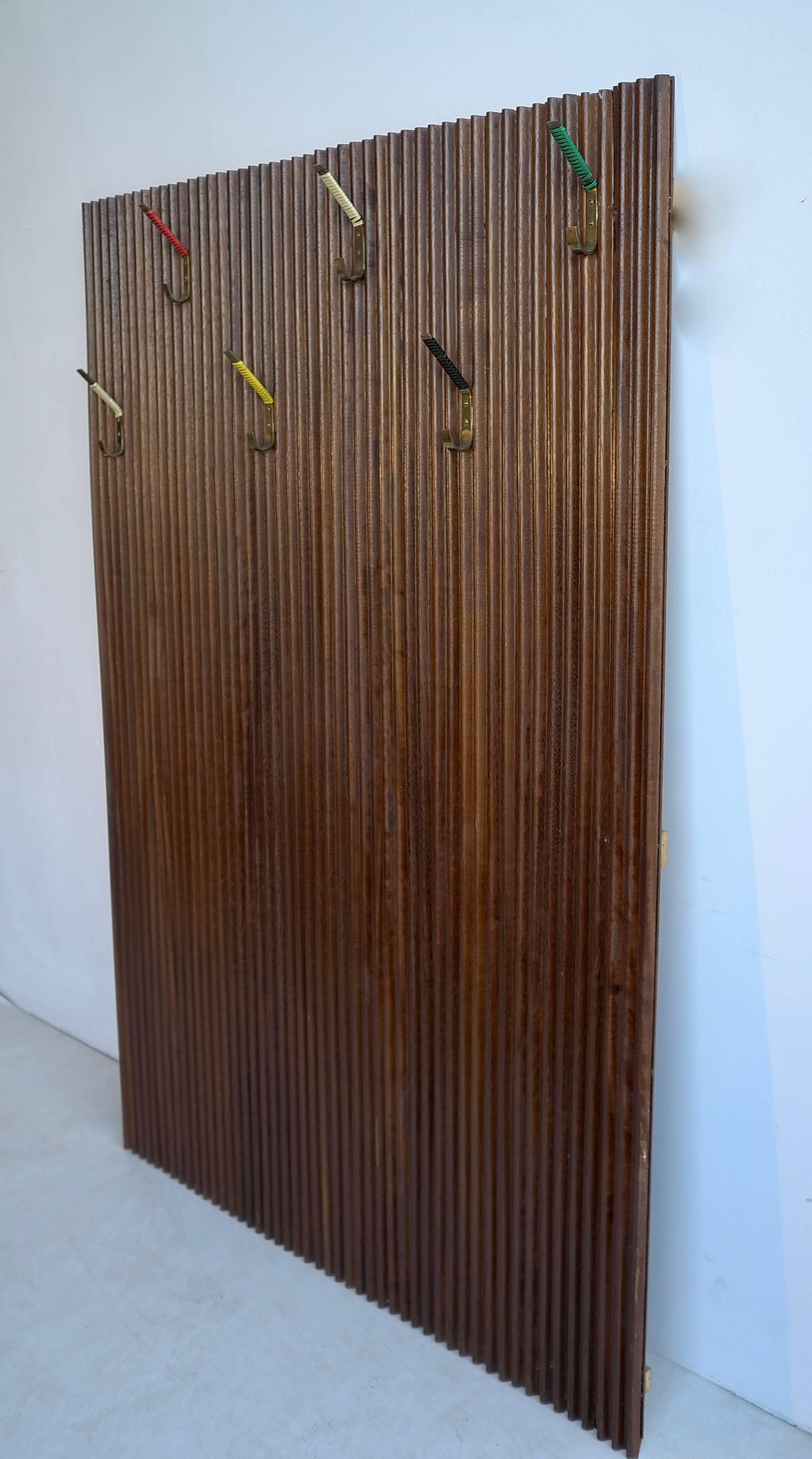 Mid-Century Modern Large Italian Wall-Mounted Coat Rack with Colored Hooks in Brass