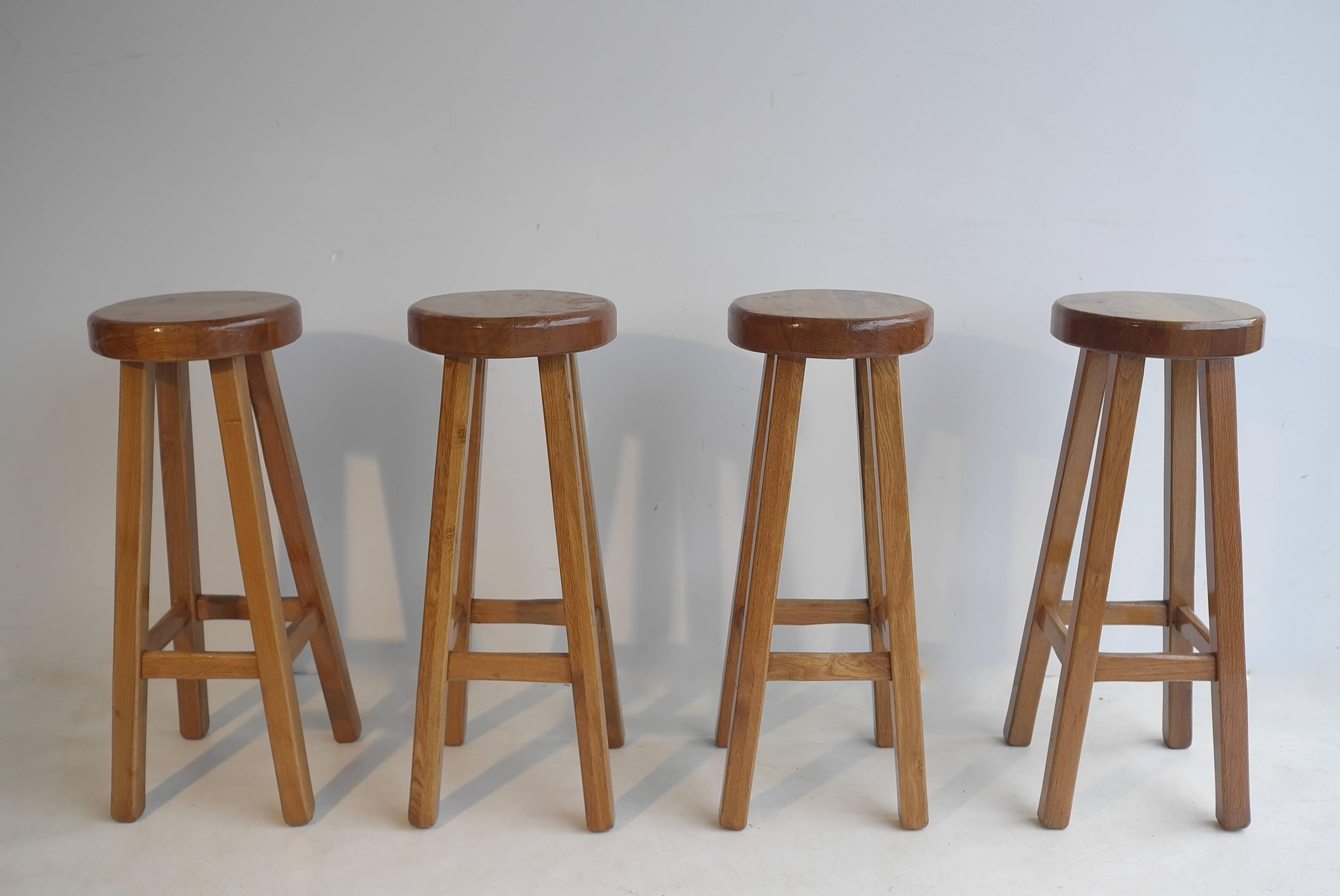 Mid-Century Modern Set of Four Solid Oak Barstools in Style of Pierre Chapo, France, 1960s