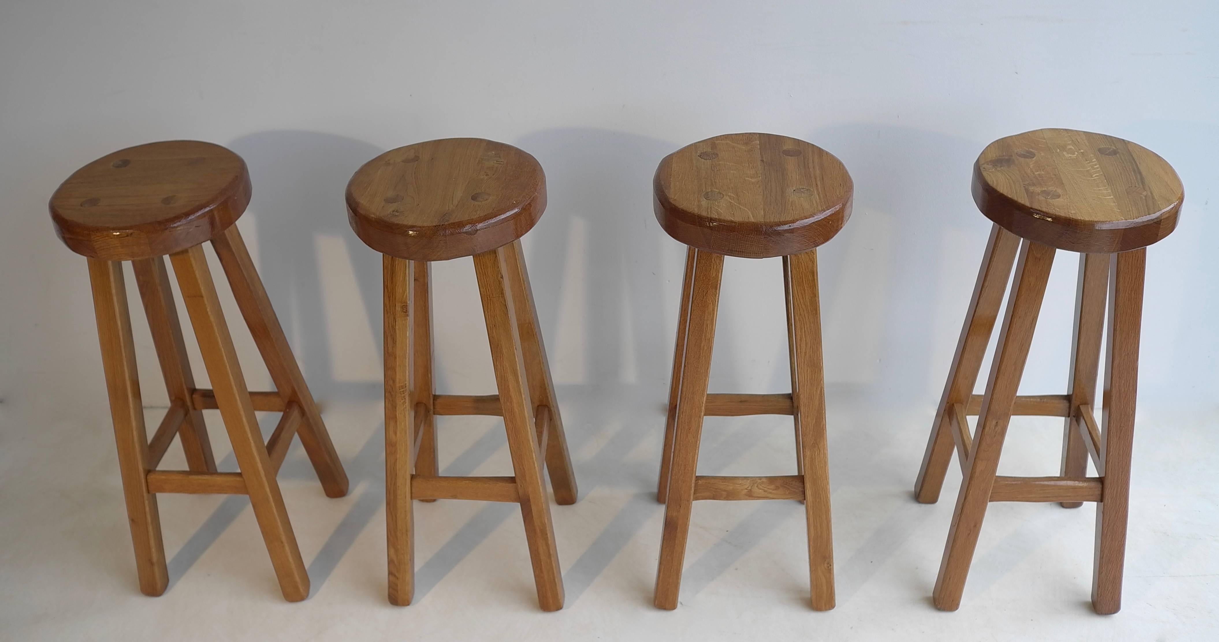 French Set of Four Solid Oak Barstools in Style of Pierre Chapo, France, 1960s