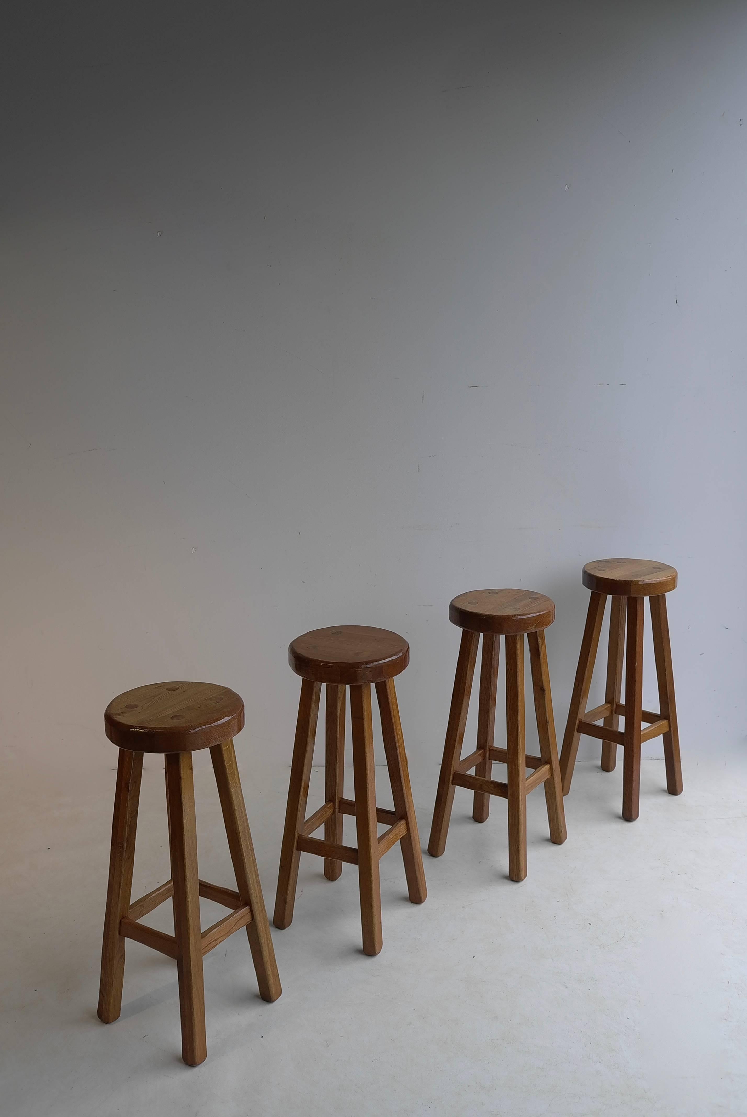 20th Century Set of Four Solid Oak Barstools in Style of Pierre Chapo, France, 1960s