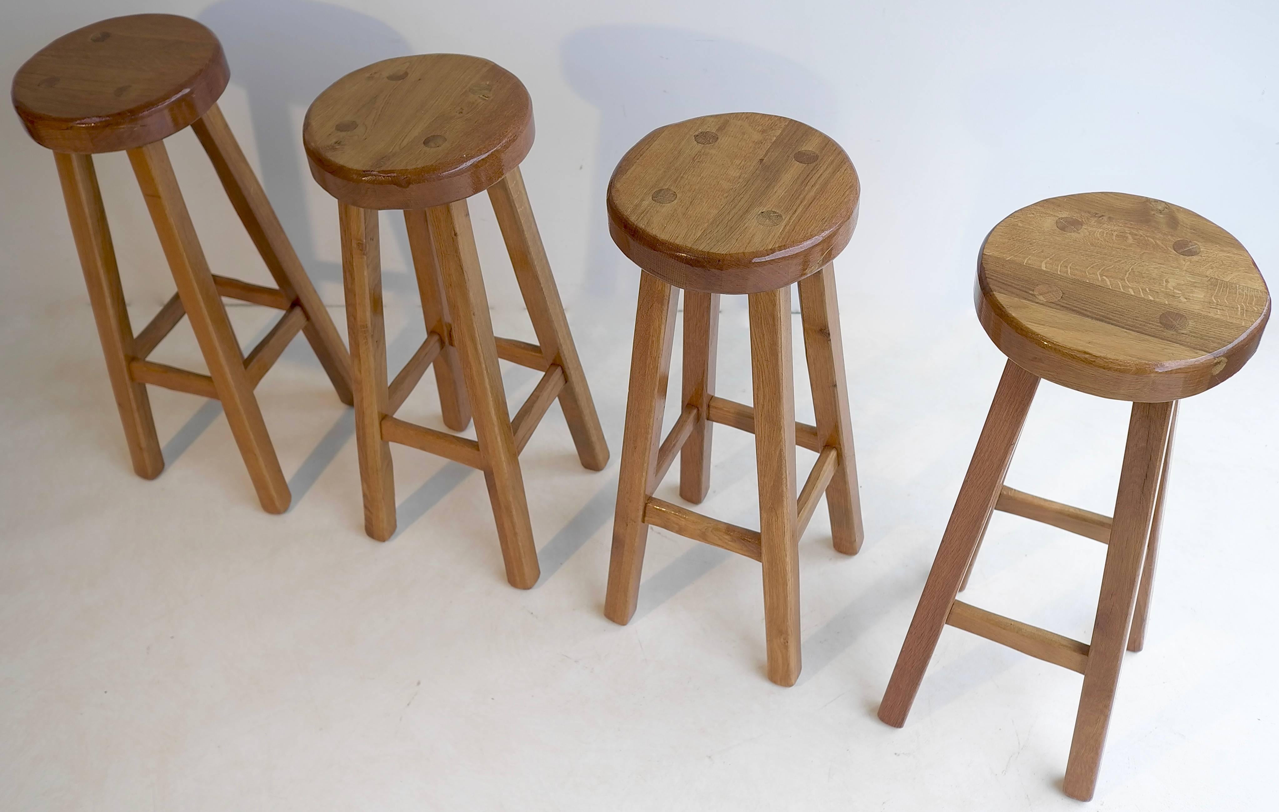 Set of Four Solid Oak Barstools in Style of Pierre Chapo, France, 1960s 1