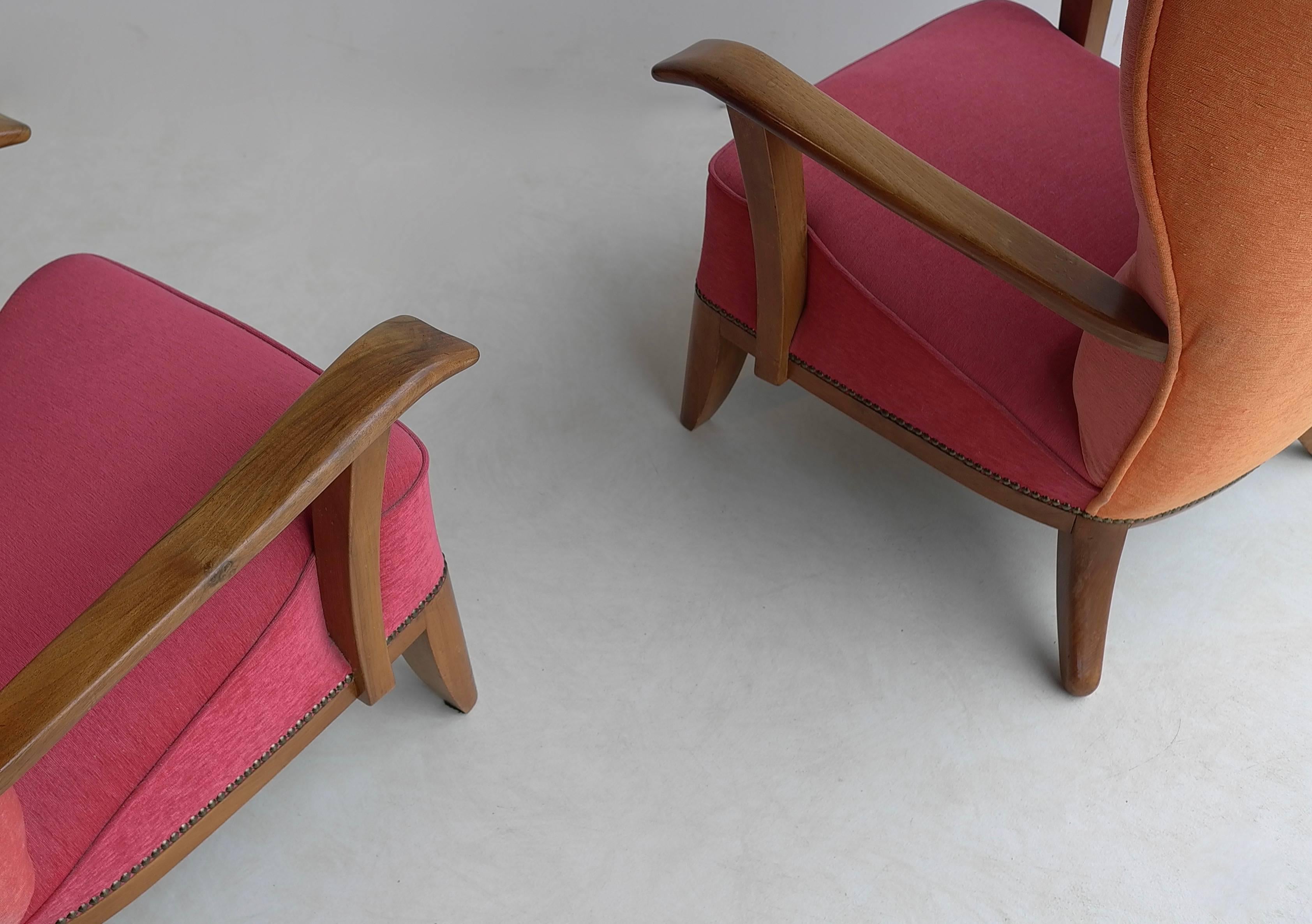 French Pair of Three-Tone Wingback Armchairs, France, 1940s