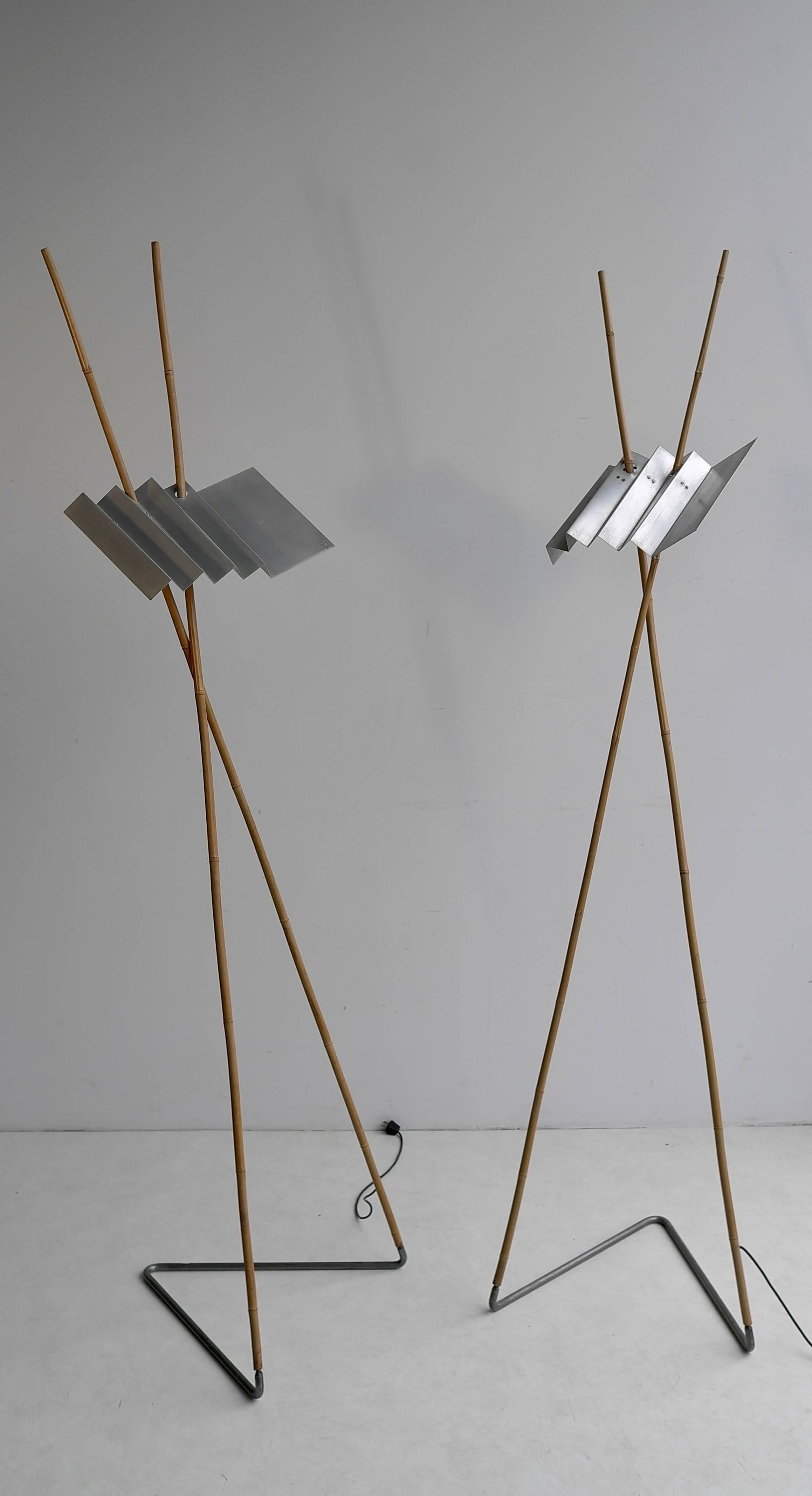 Dutch Rare Pair of Bamboo and Metal Floor Lamps by Anke Kamerman
