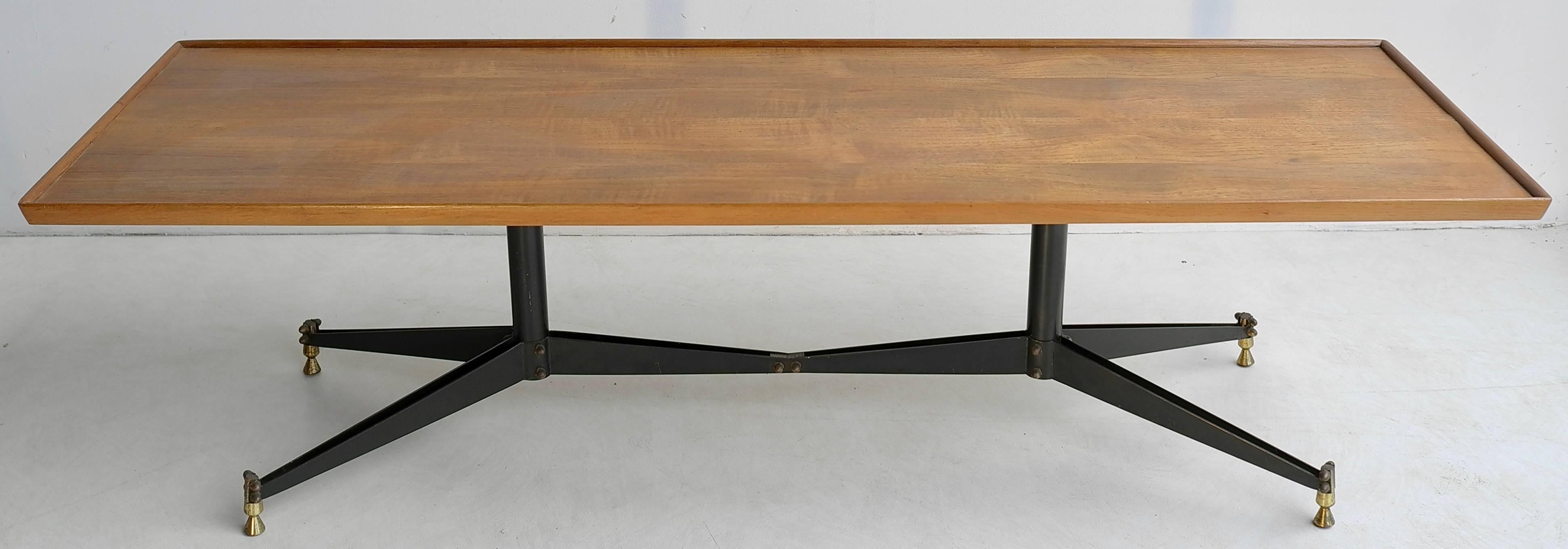 Coffee table with wooden top and metal and brass base, Italy, 1950s.