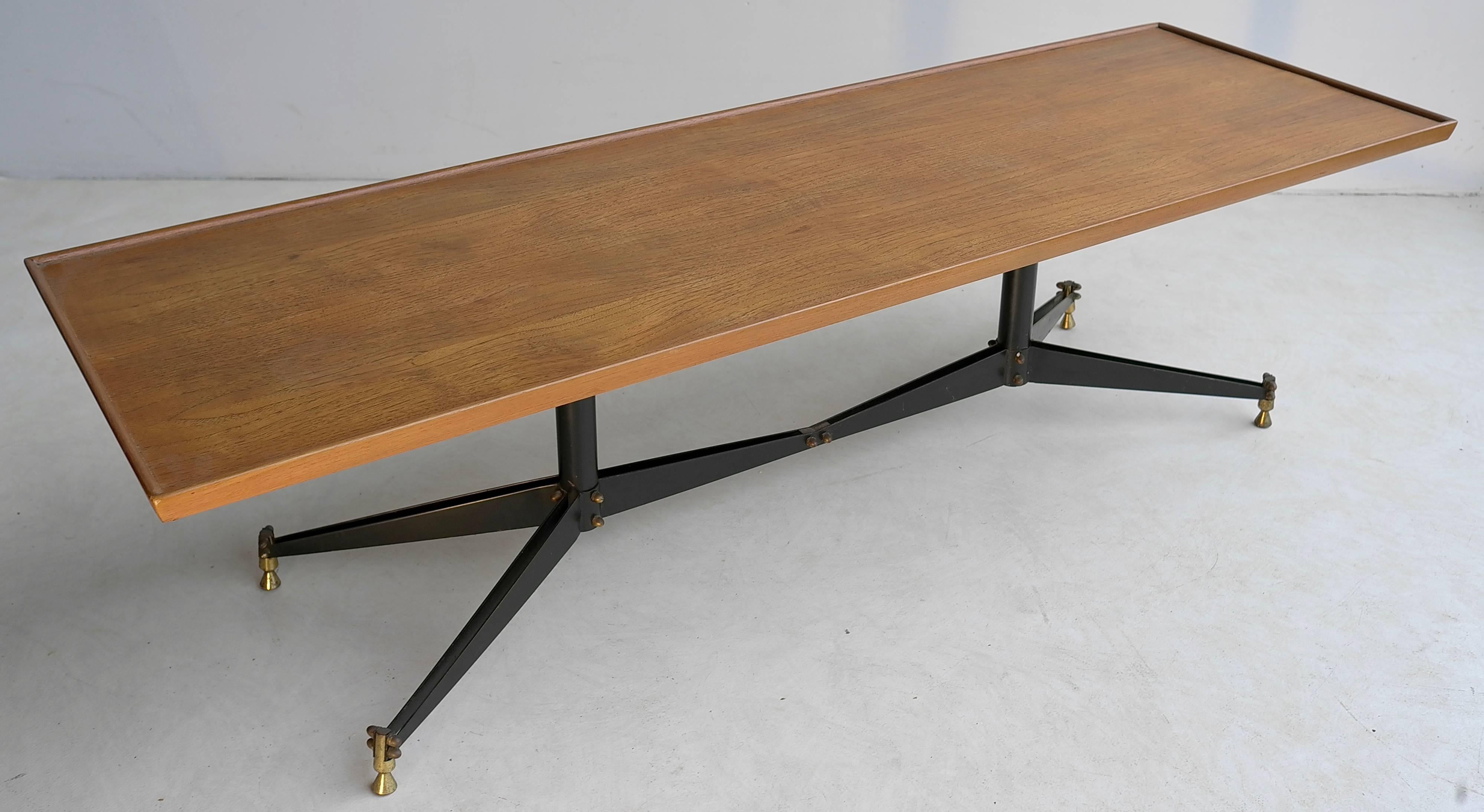 Mid-Century Modern Coffee Table with Wooden Top and Metal and Brass Base, Italy, 1950s
