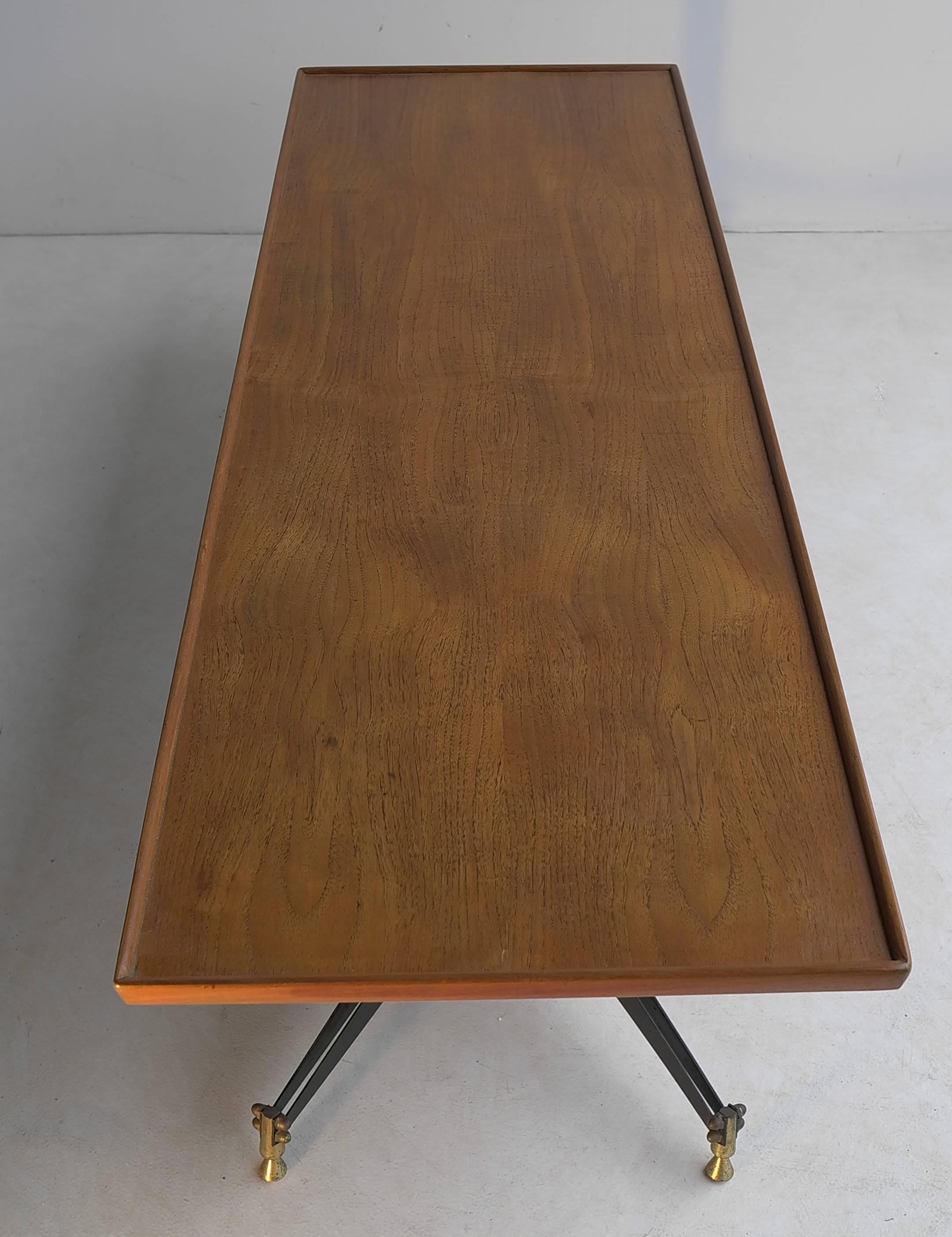 Mid-20th Century Coffee Table with Wooden Top and Metal and Brass Base, Italy, 1950s