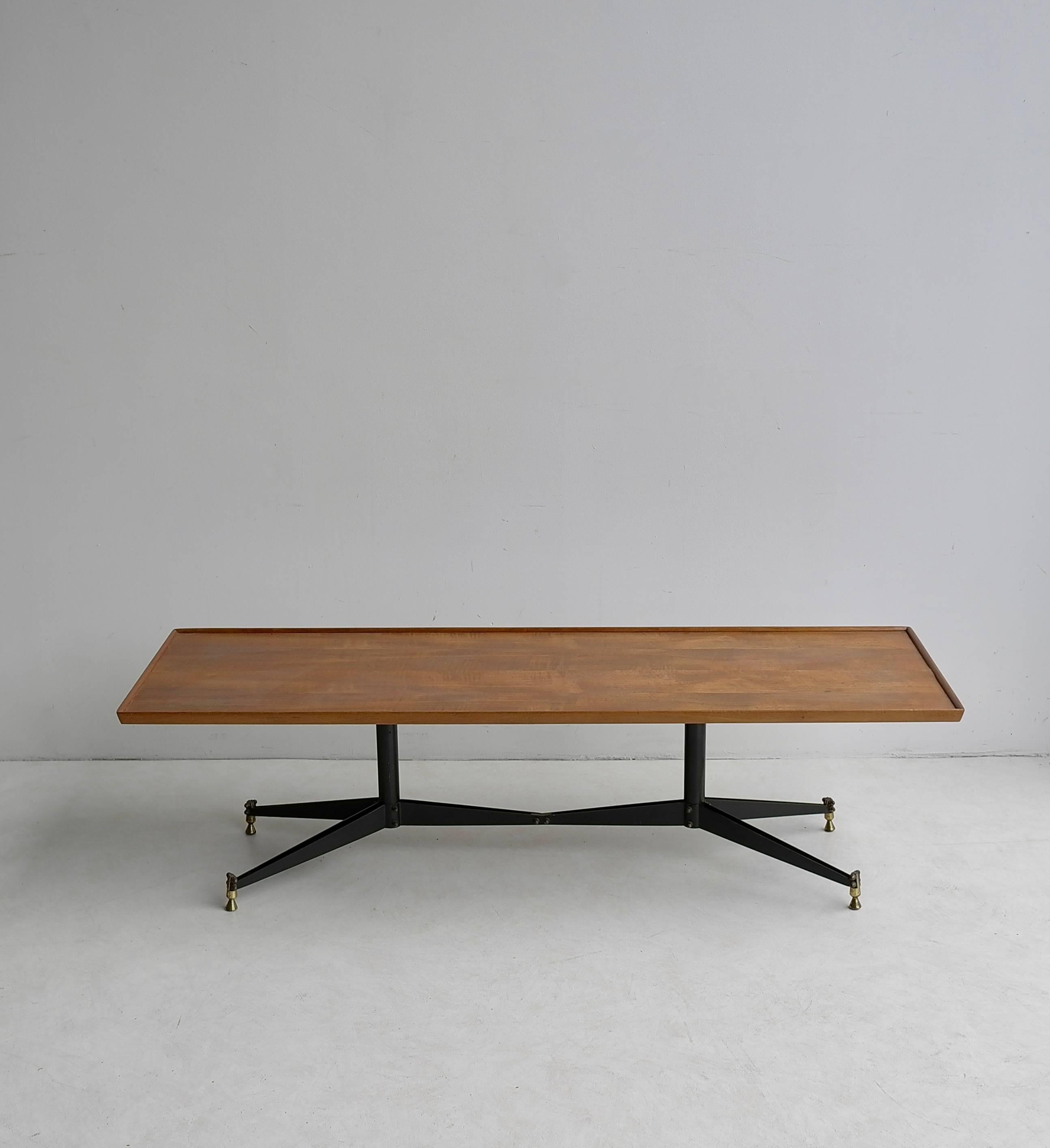 Coffee Table with Wooden Top and Metal and Brass Base, Italy, 1950s 1