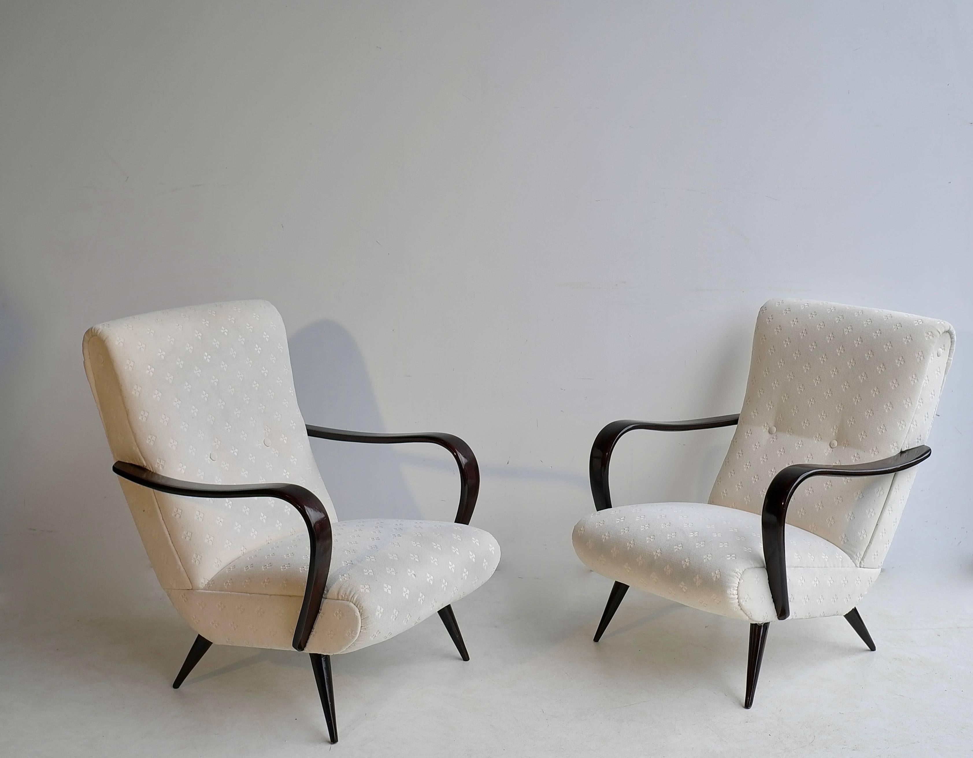 Fabric Pair of Sculptural Lounge Chairs with Curved Wooden Armrests, Italy, 1950s