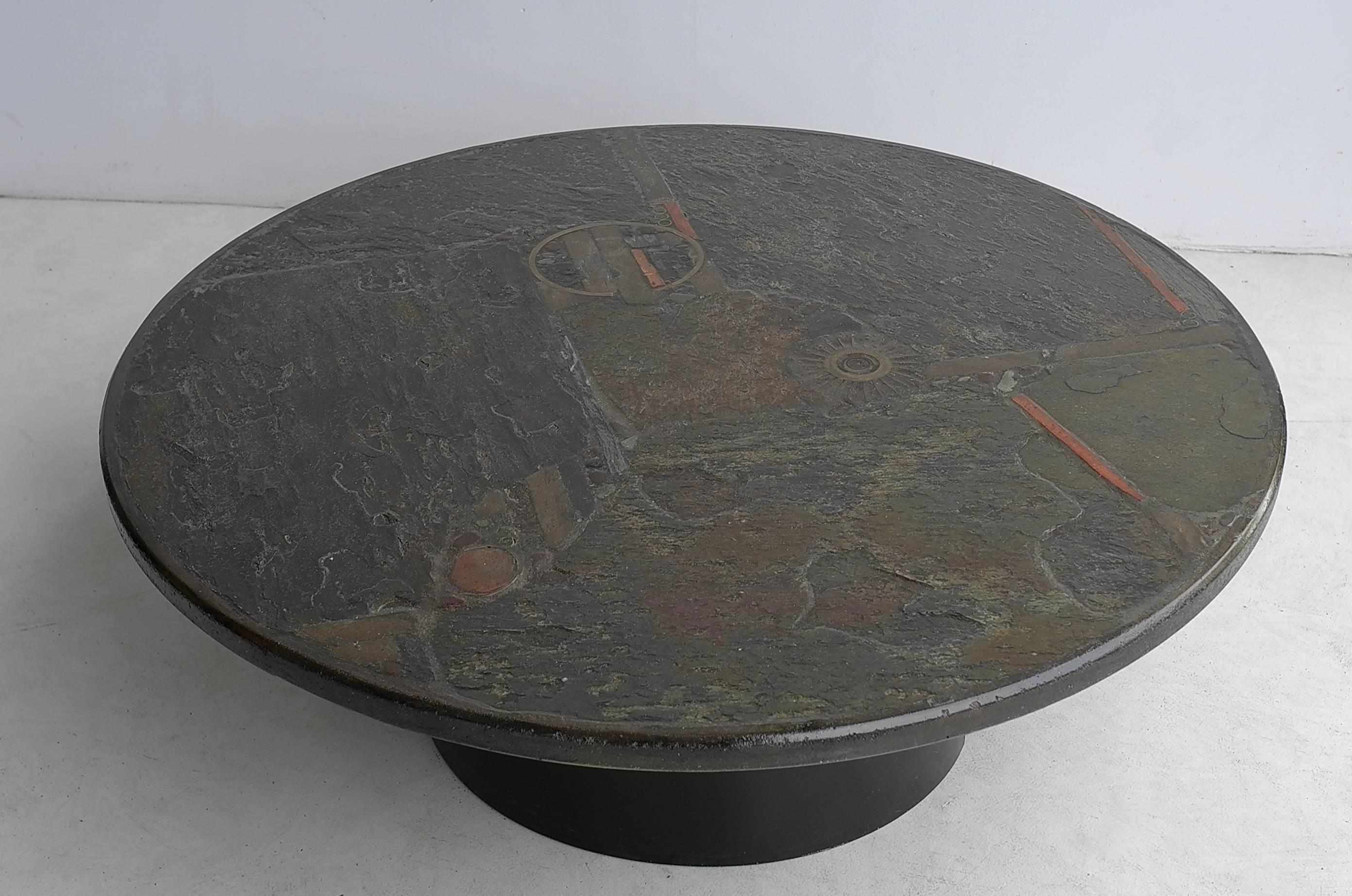Late 20th Century Paul Kingma Round Coffee Table in Slate, Blue and Green Stone with Brass Details