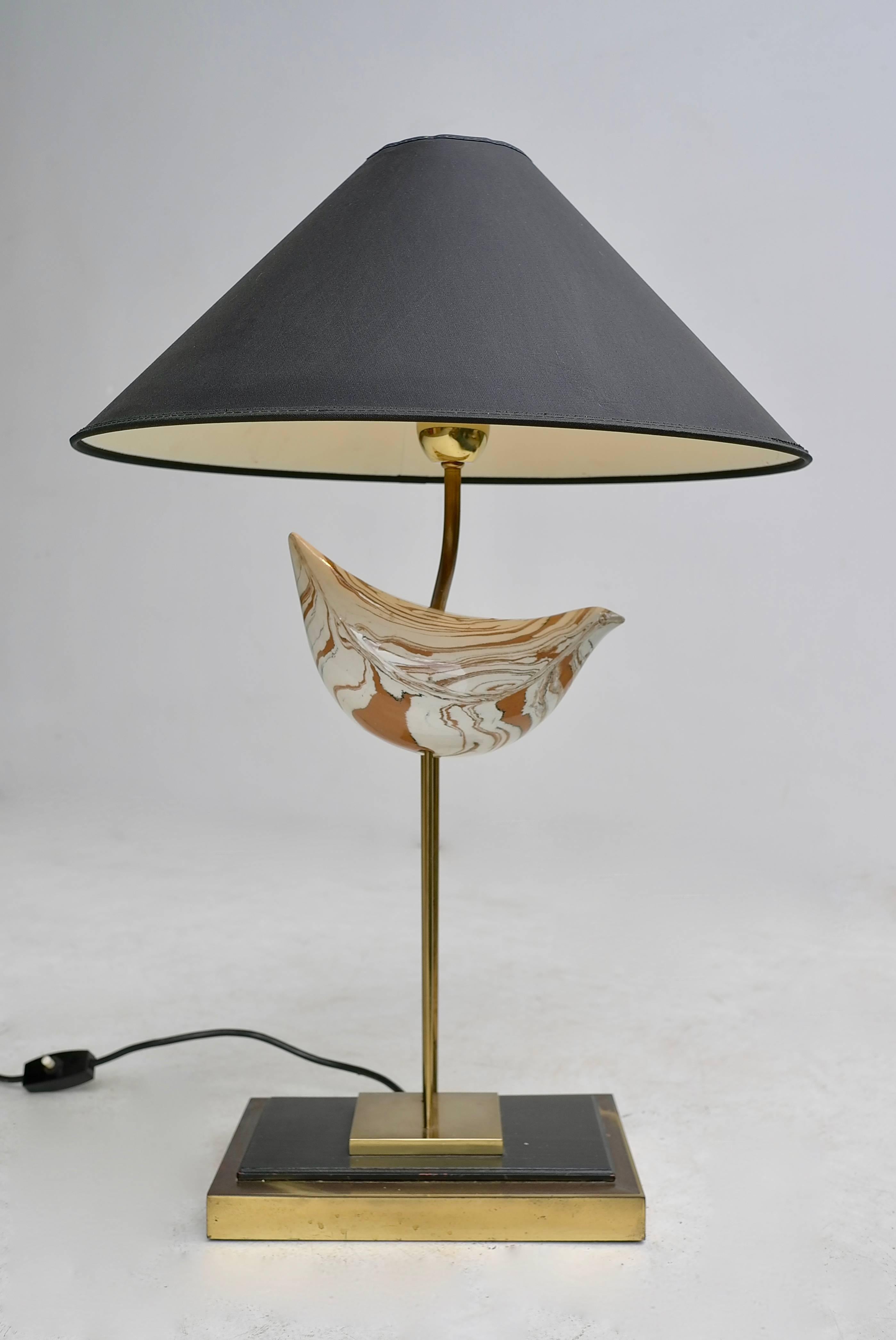 Large Sculptural Table Lamp in Brass with Ceramic Bird at 1stDibs