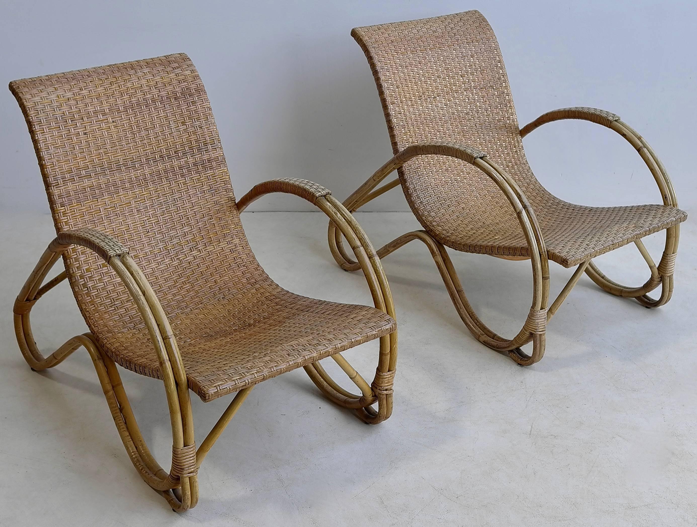 Mid-Century Modern Pair of Mid-Century Monumental Woven Armchairs in Rattan For Sale