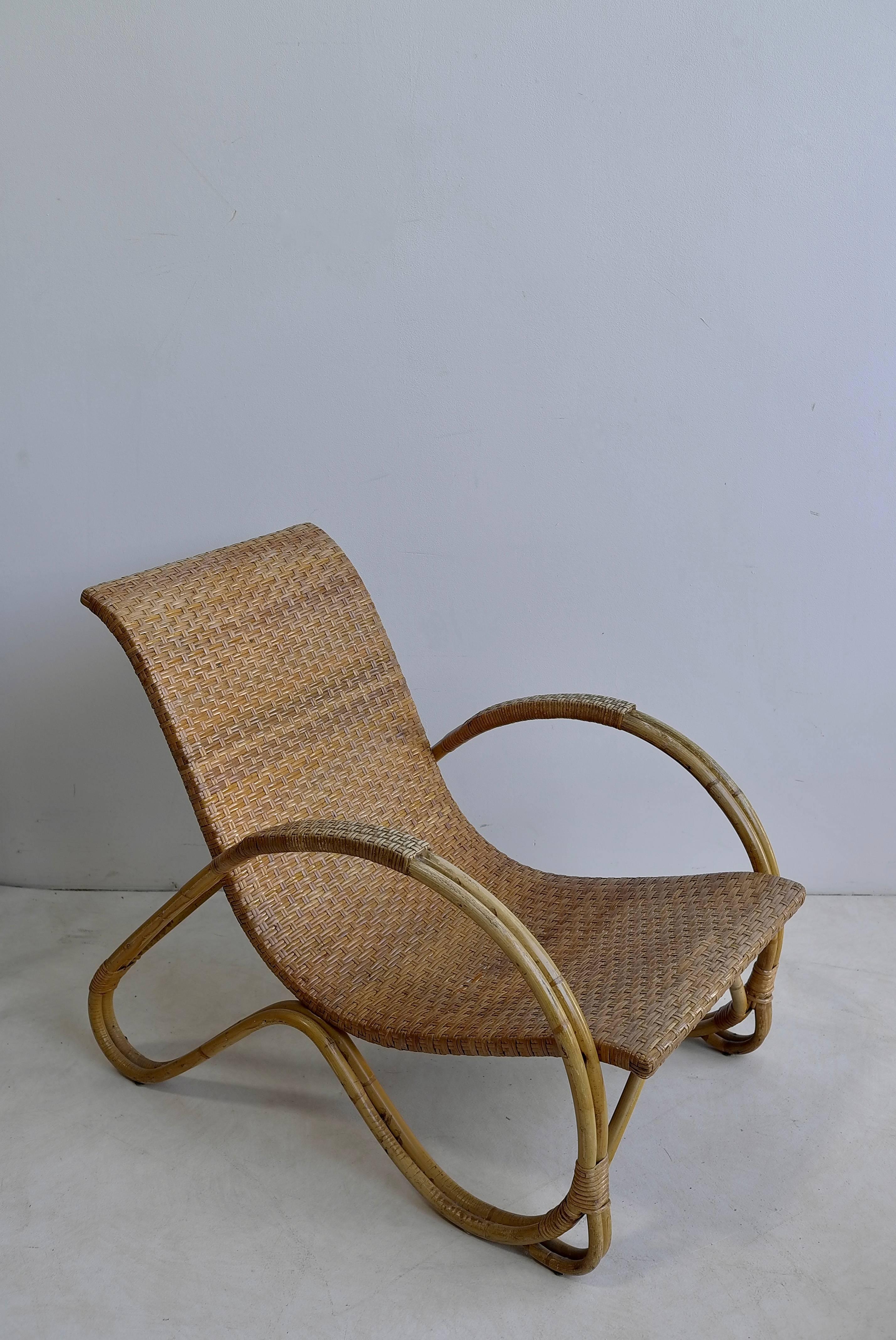 French Pair of Mid-Century Monumental Woven Armchairs in Rattan For Sale