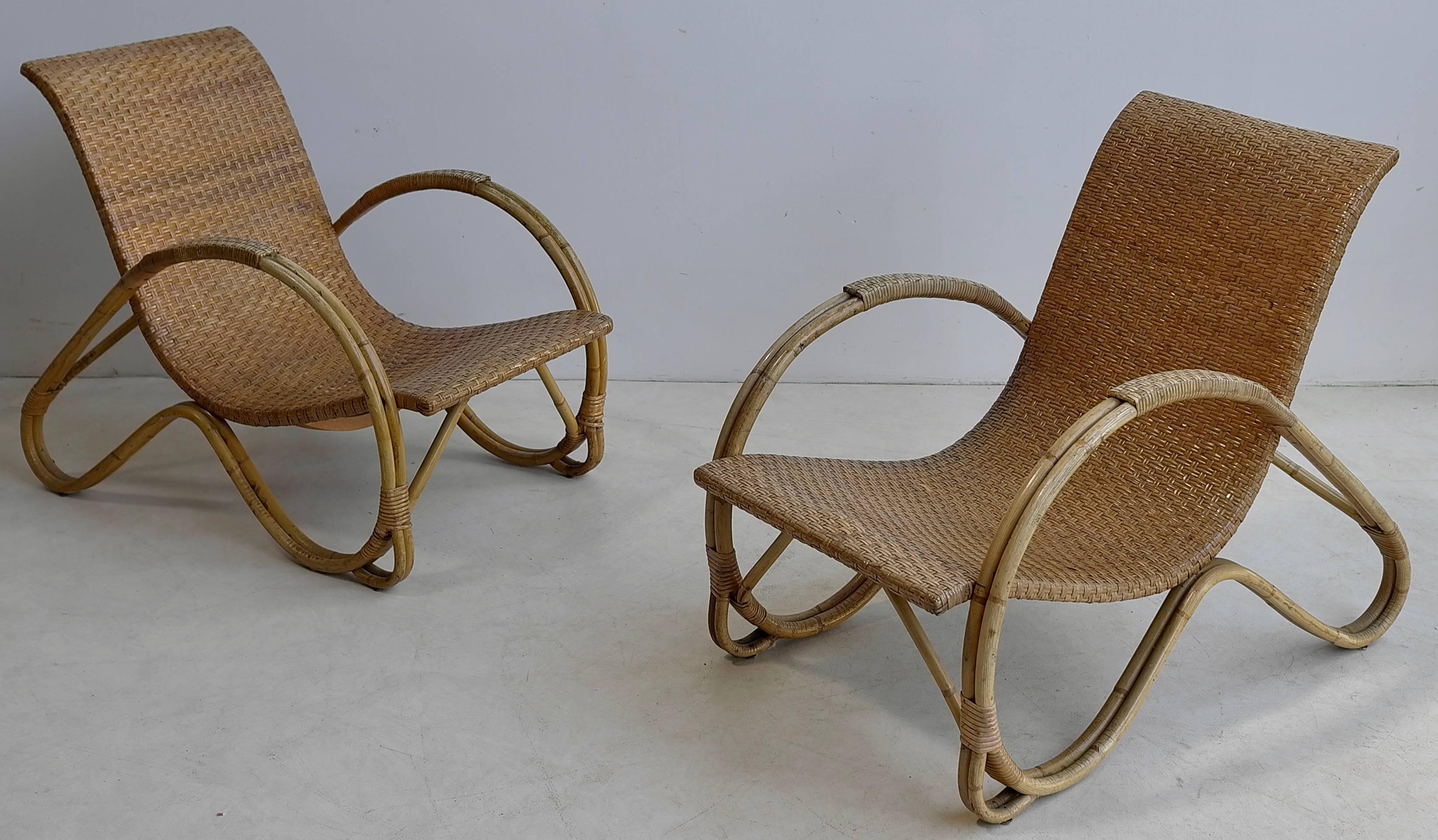 Pair of Mid-Century Monumental Woven Armchairs in Rattan In Excellent Condition For Sale In Den Haag, NL