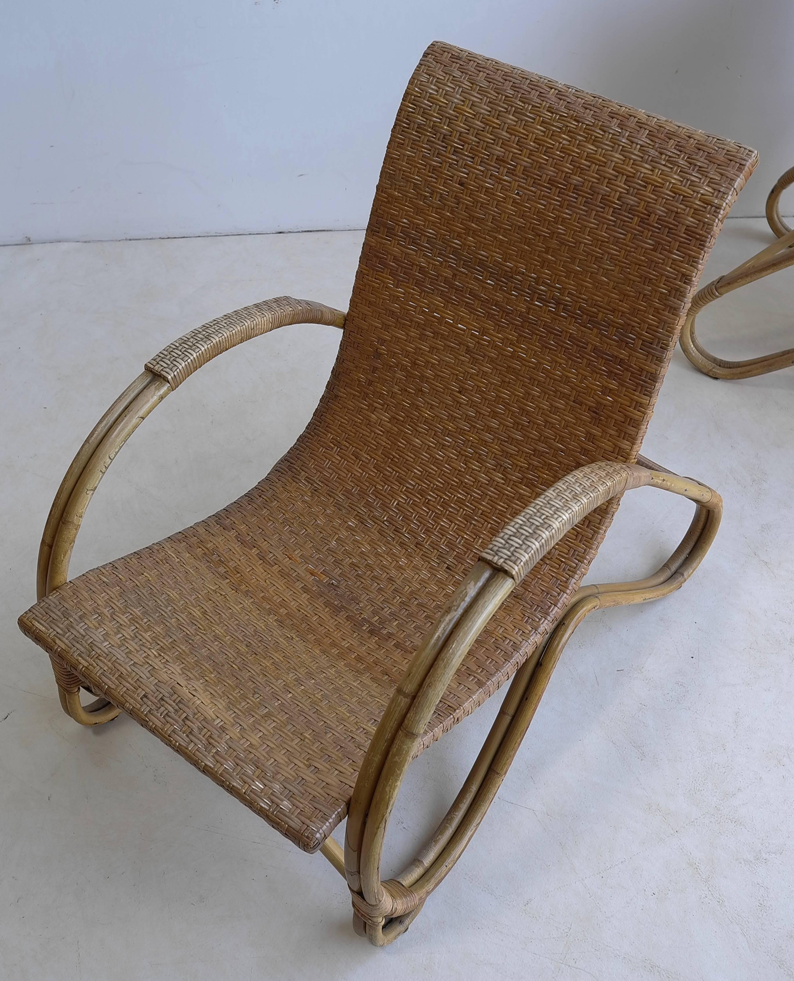 Mid-20th Century Pair of Mid-Century Monumental Woven Armchairs in Rattan For Sale