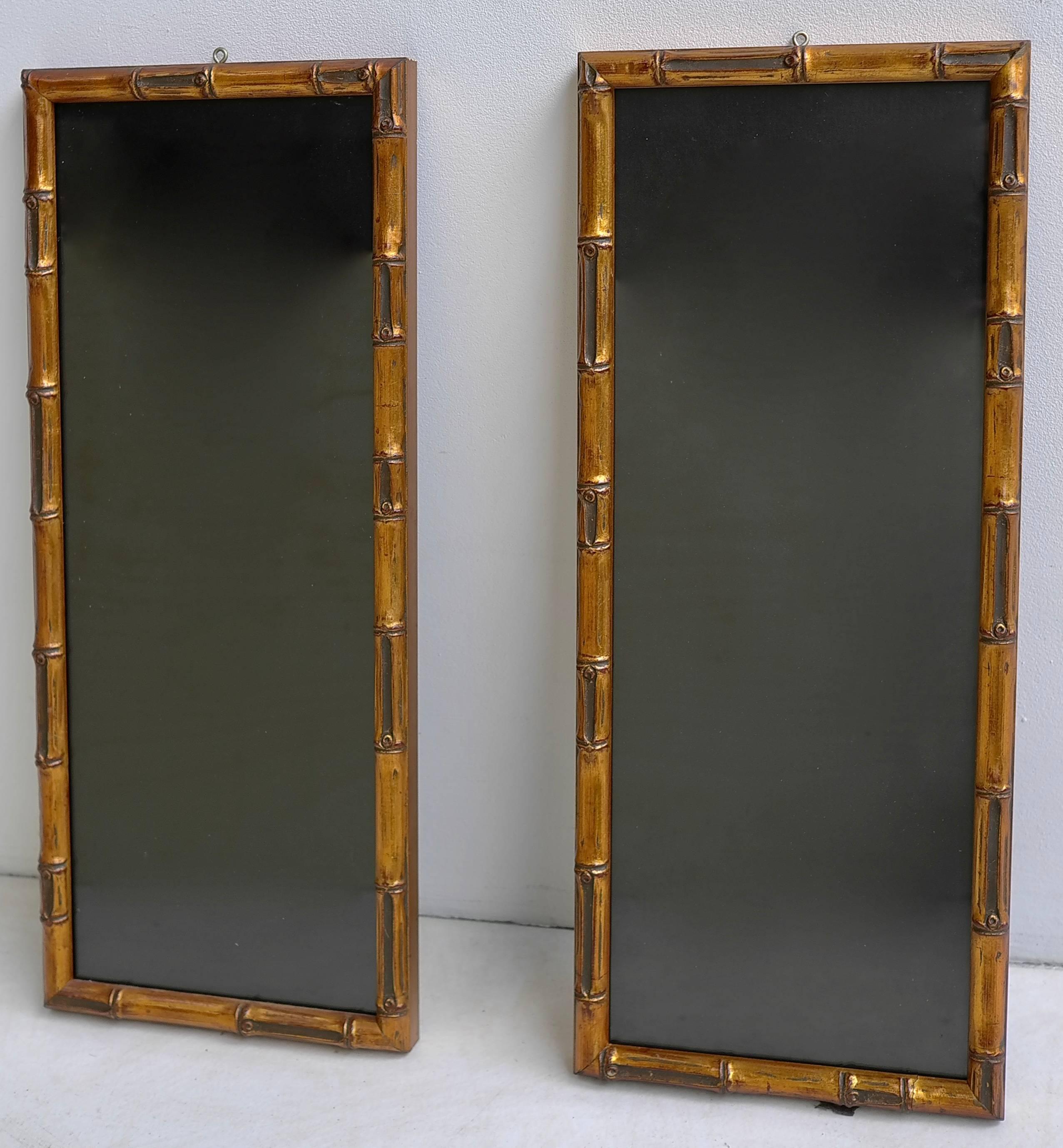 French Pair of Wooden Faux Bamboo Wall Mirrors in Gold Color, France 1950's
