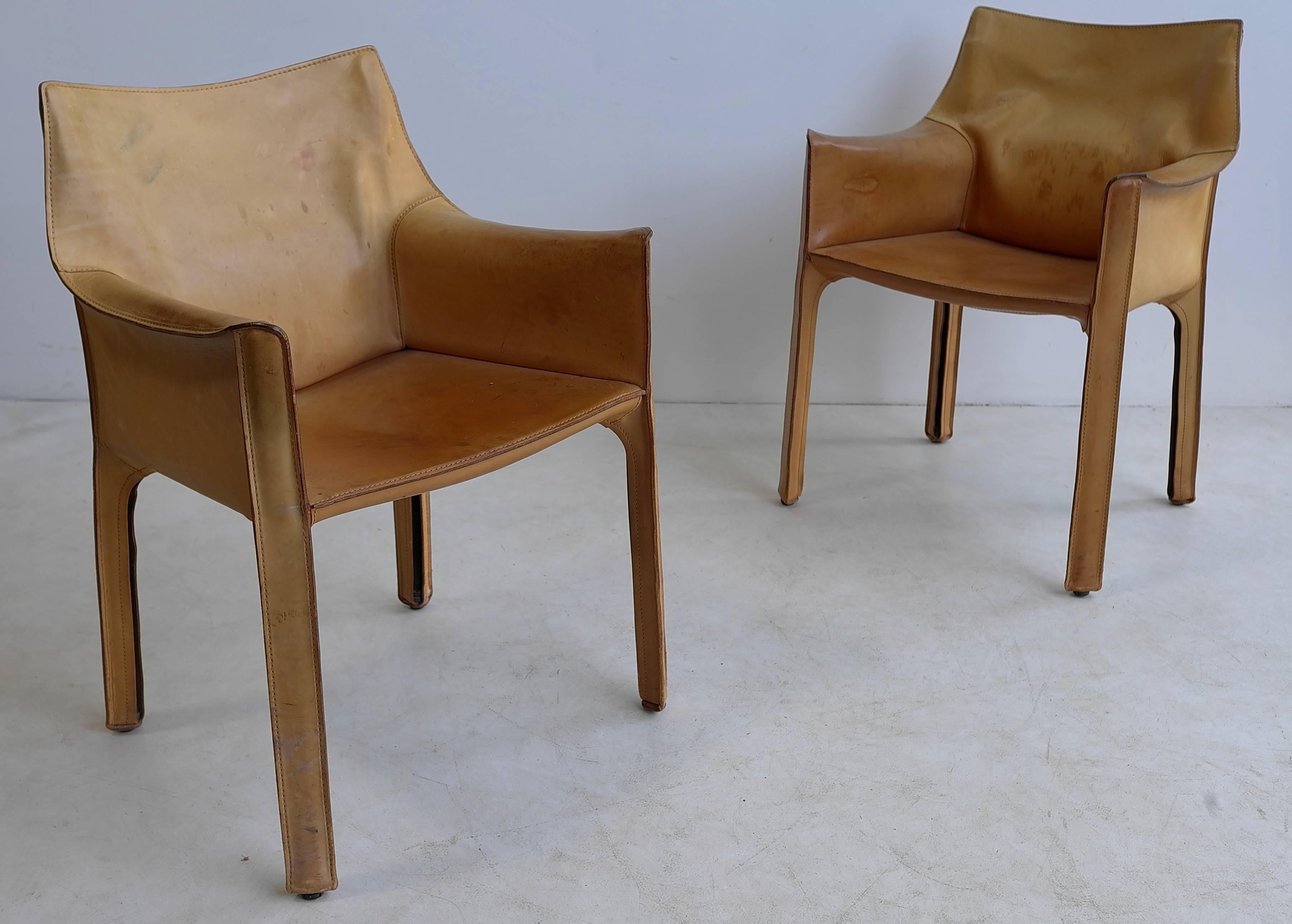 Pair of Mario Bellini cab chairs in natural leather by Cassina, Italy.

       