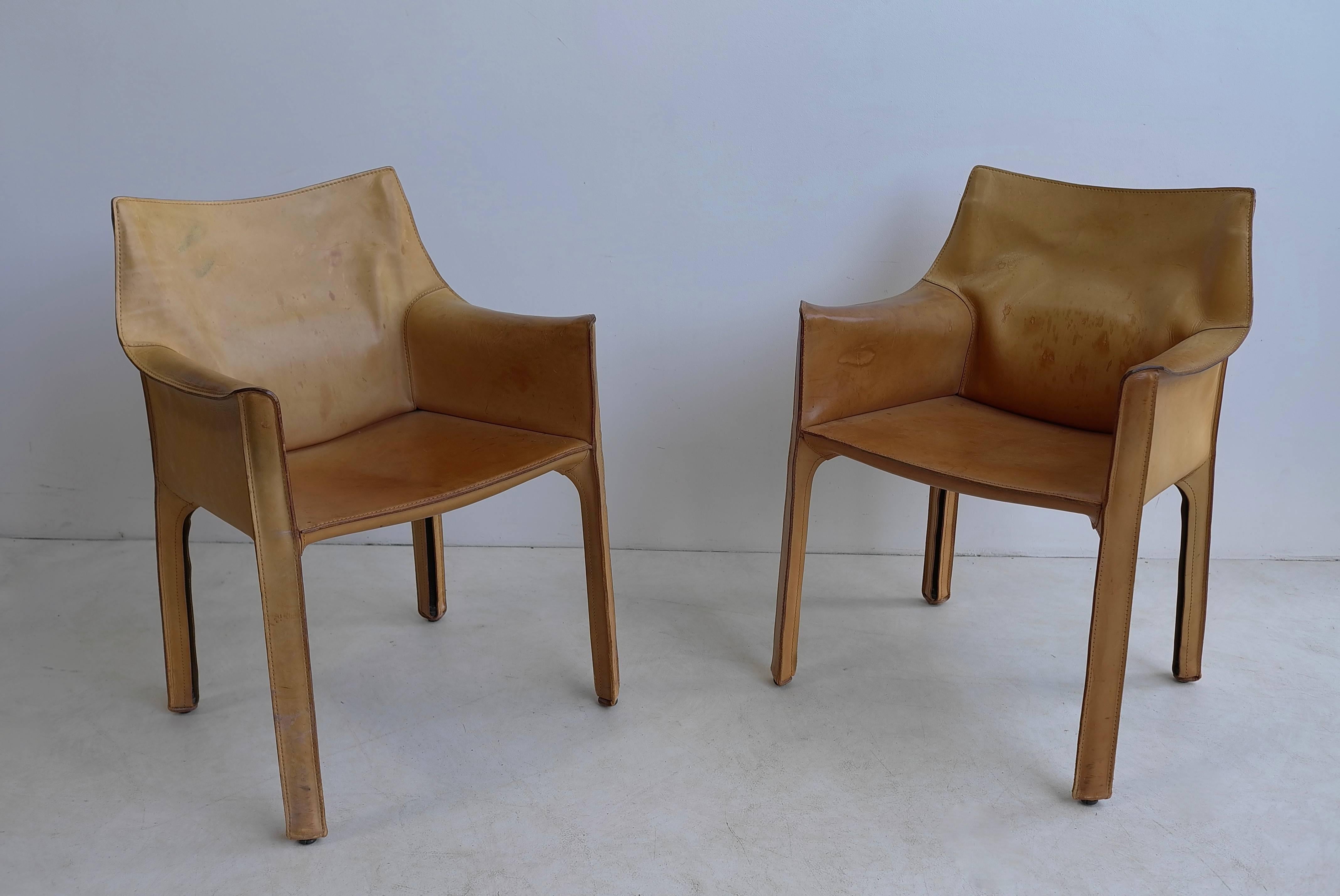 Pair of Mario Bellini Cab Chairs in Natural Leather by Cassina Italy In Excellent Condition In Den Haag, NL
