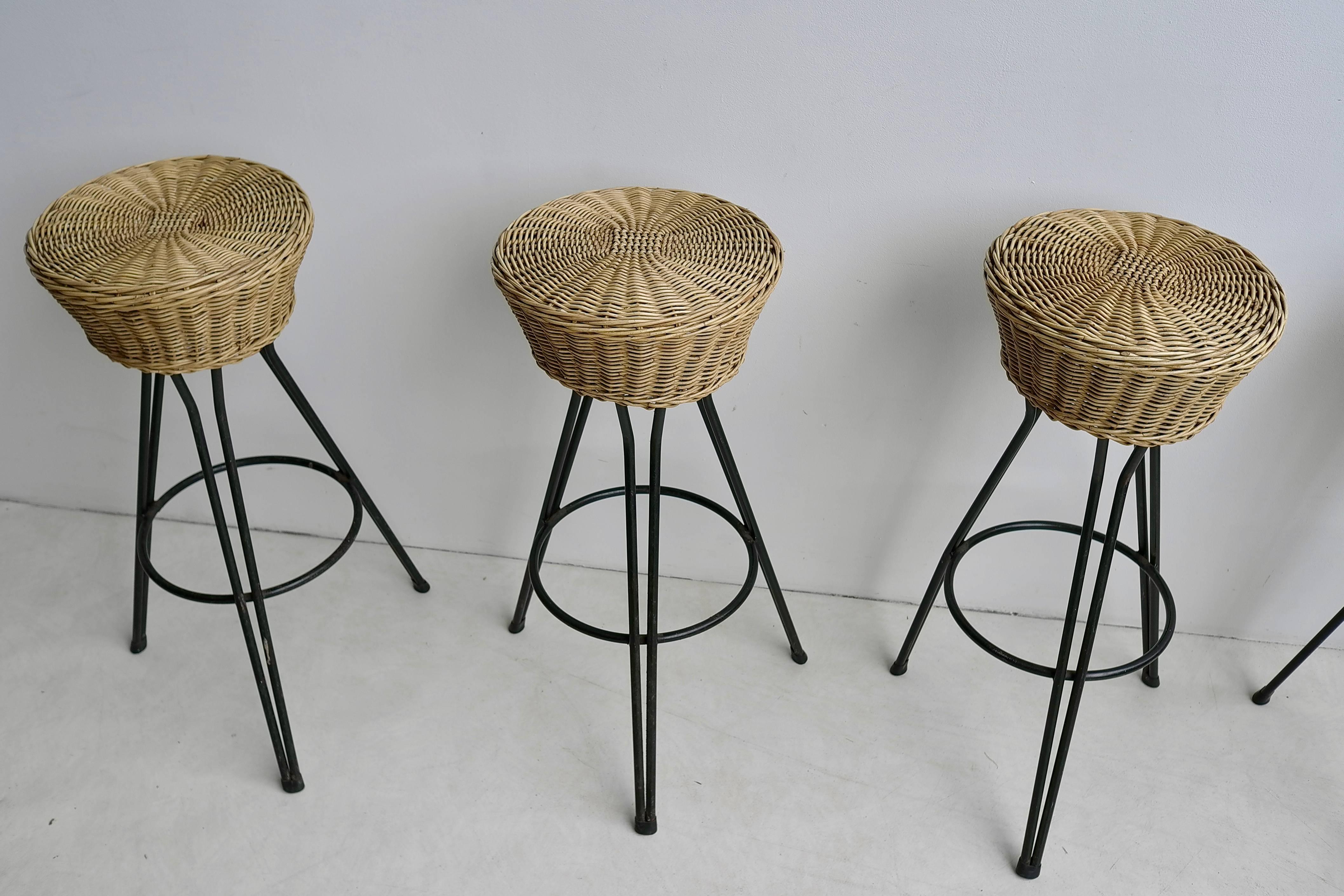 Dutch Set of Four Hairpin Barstools in Wicker and Steel by Dirk van Sliedregt