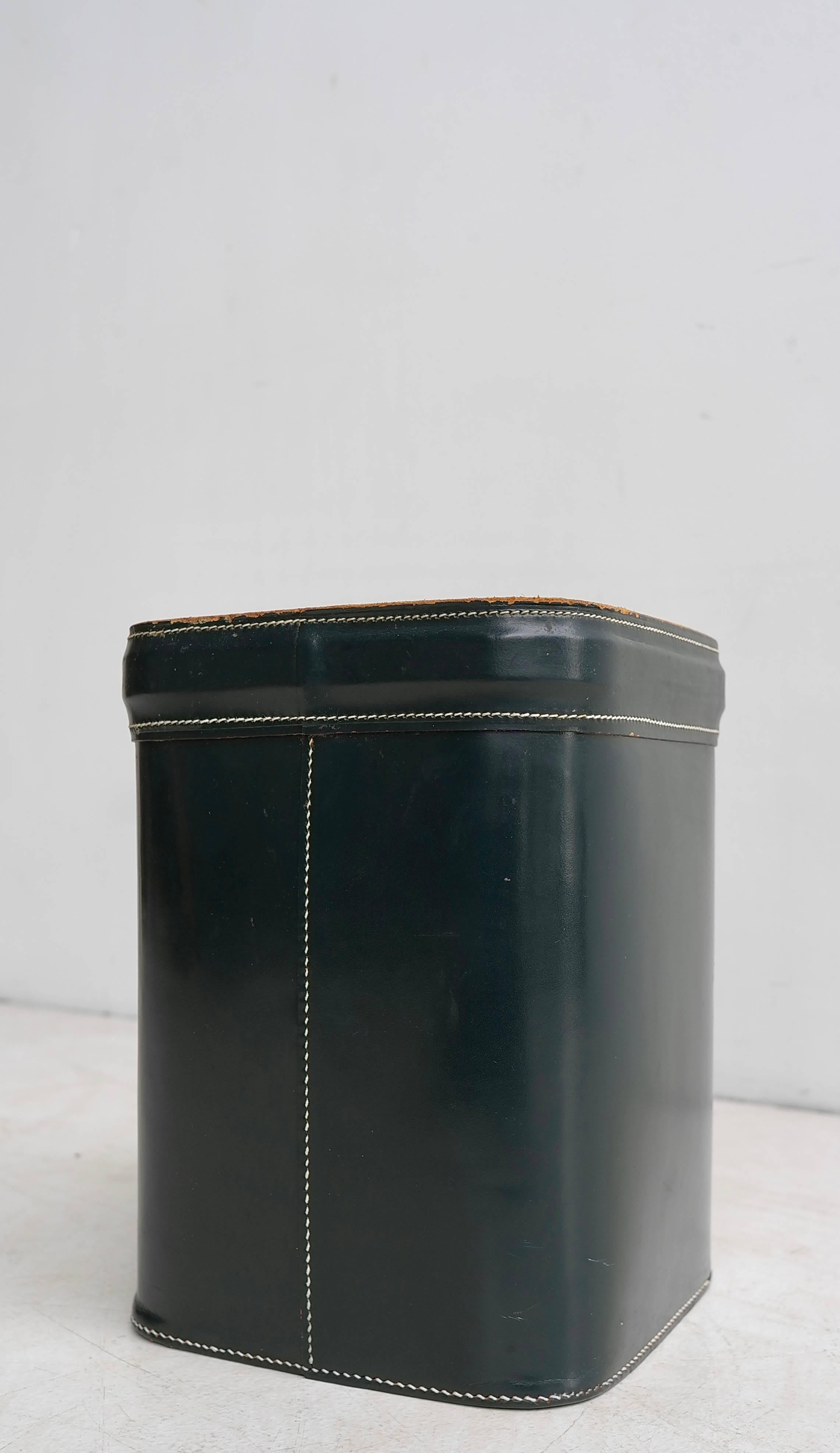 Mid-Century Modern Green Leather Waste Paper Basket, France 1950s