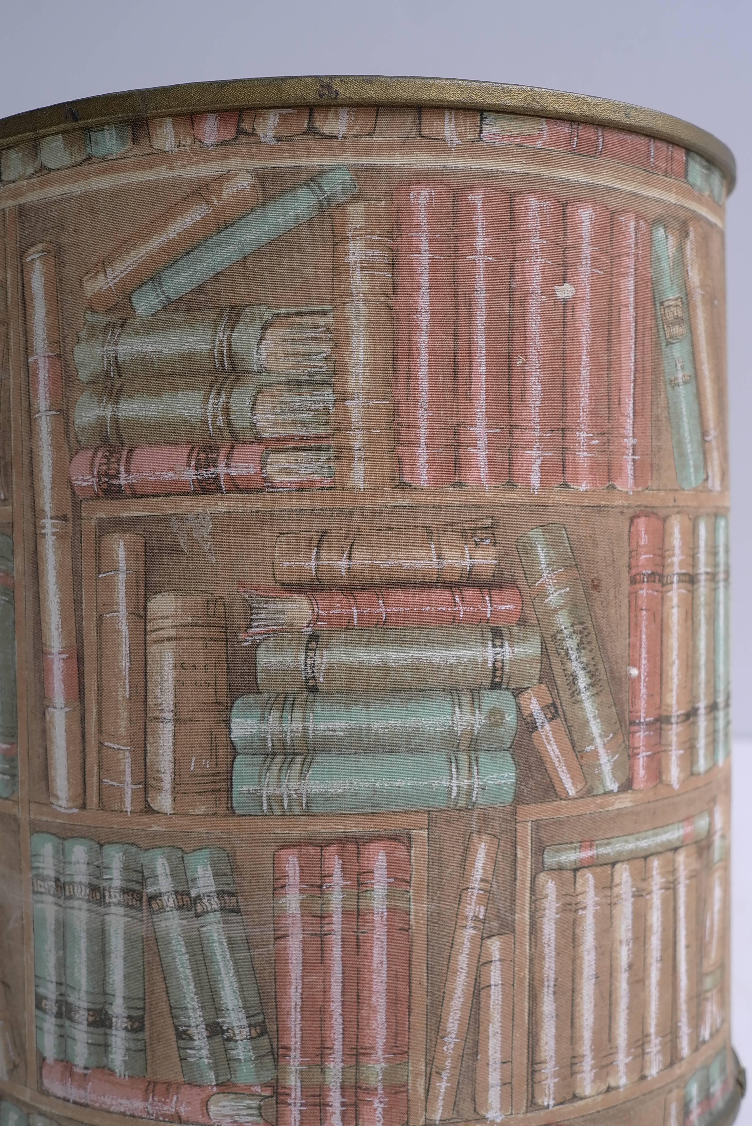 Wastebasket in style of Piero Fornasetti, Lucari 1950s in library fabric.
