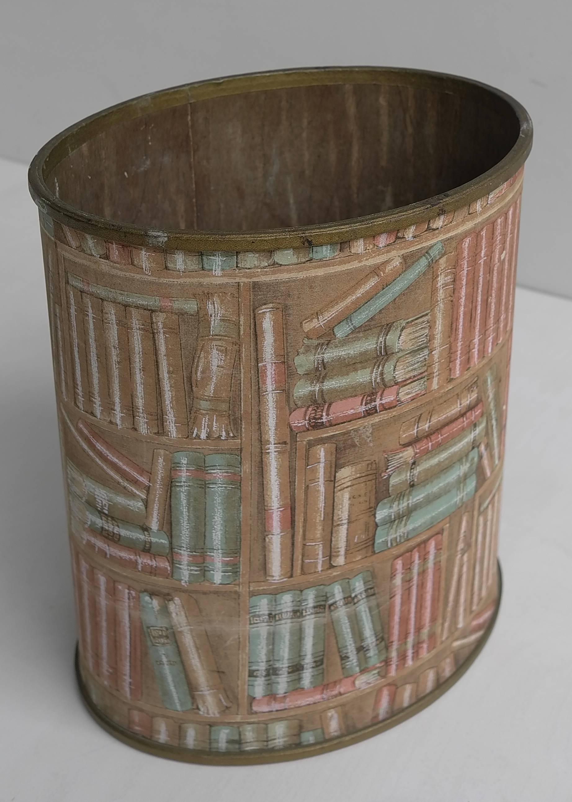 Mid-Century Modern Wastebasket in Style of Piero Fornasetti, Lucari 1950s in Library Fabric