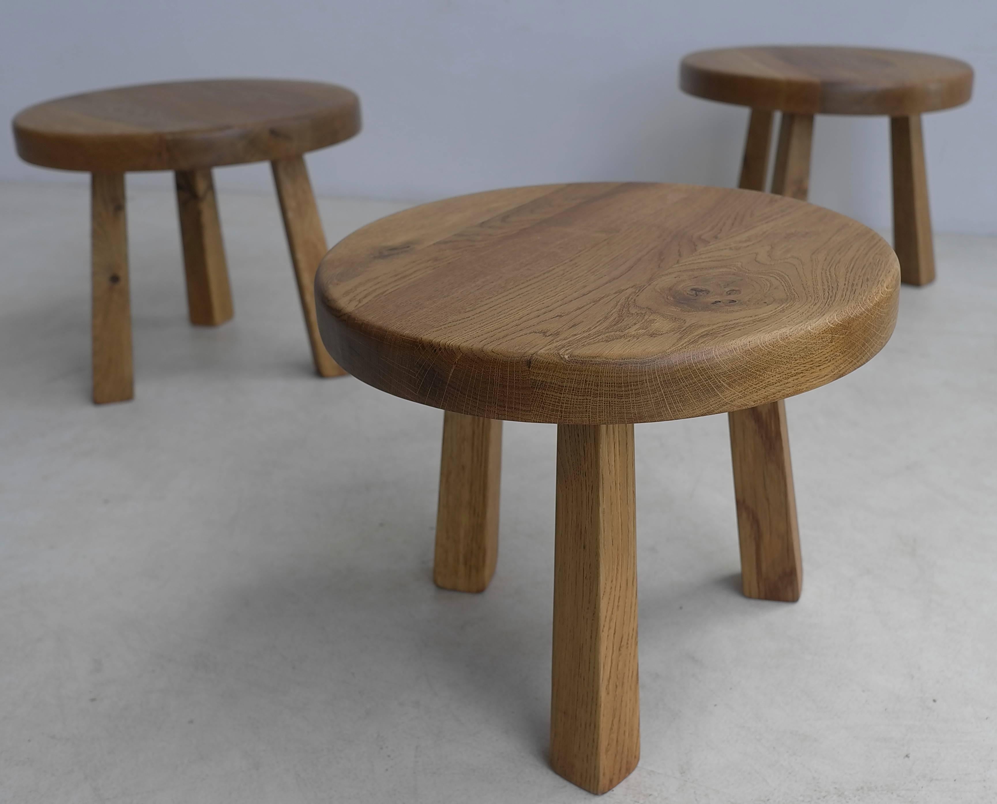 Mid-Century Modern Solid Oak Side Tables in Style of Charlotte Perriand, France, 1960s