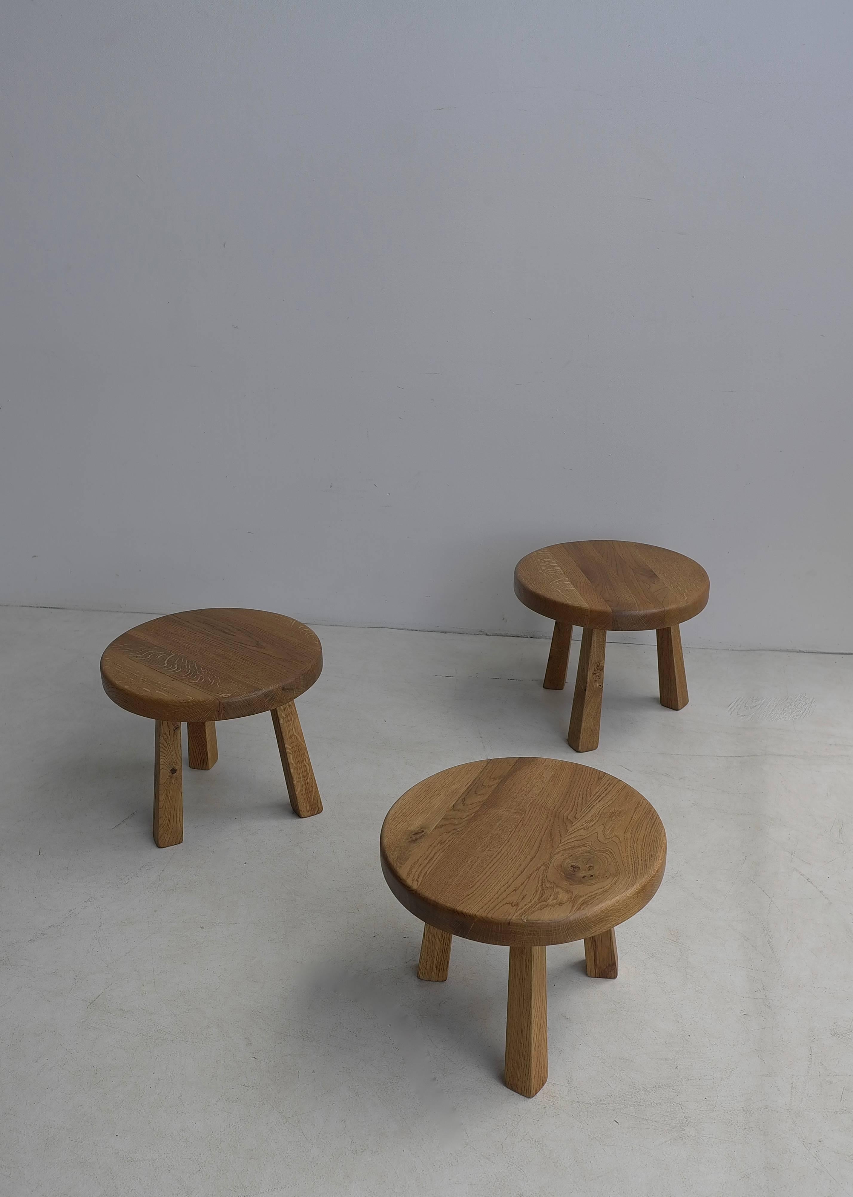 French Solid Oak Side Tables in Style of Charlotte Perriand, France, 1960s