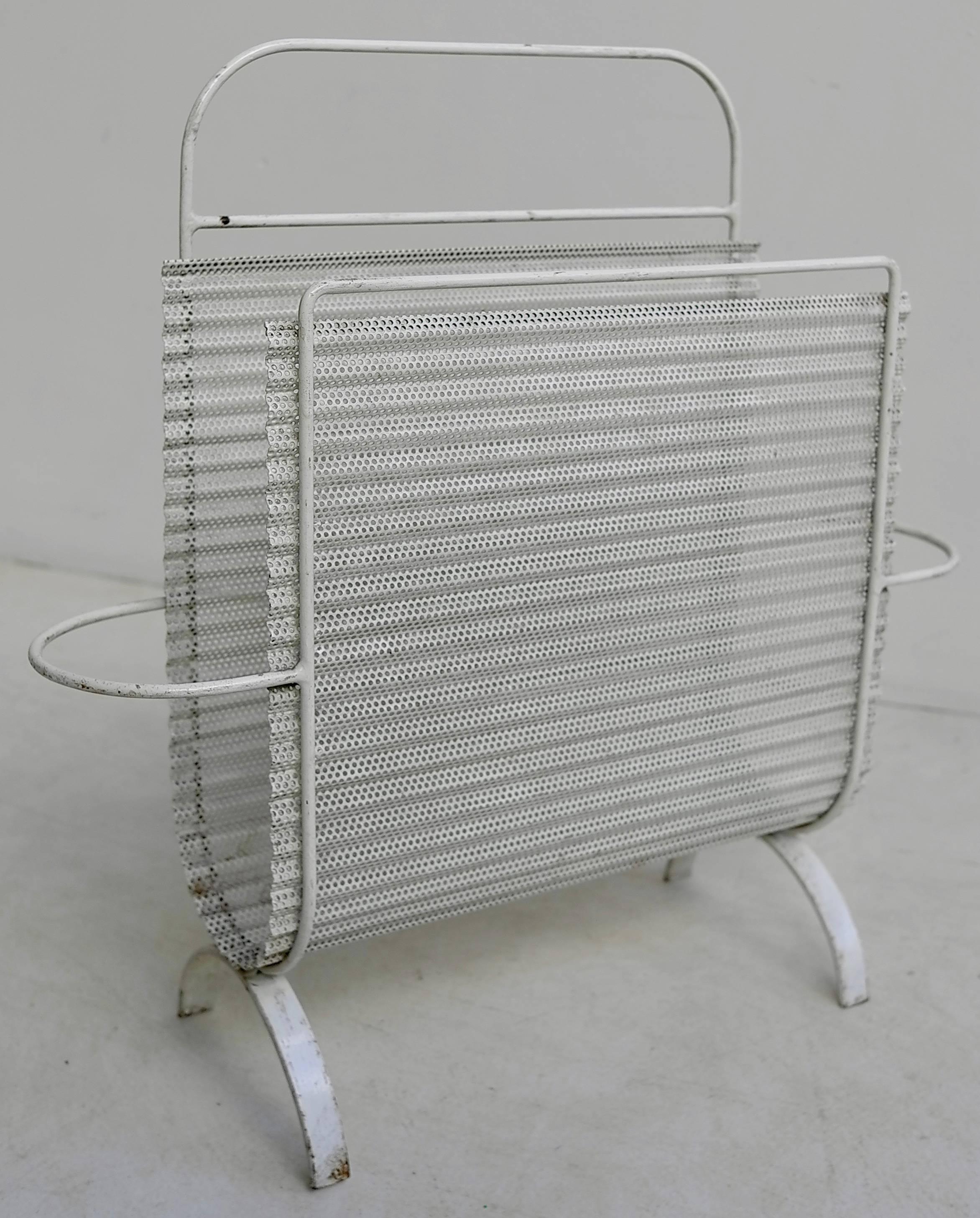 Mathieu Matégot Folded White Perforated Metal Magazine Holder, France, 1950s In Good Condition In Den Haag, NL