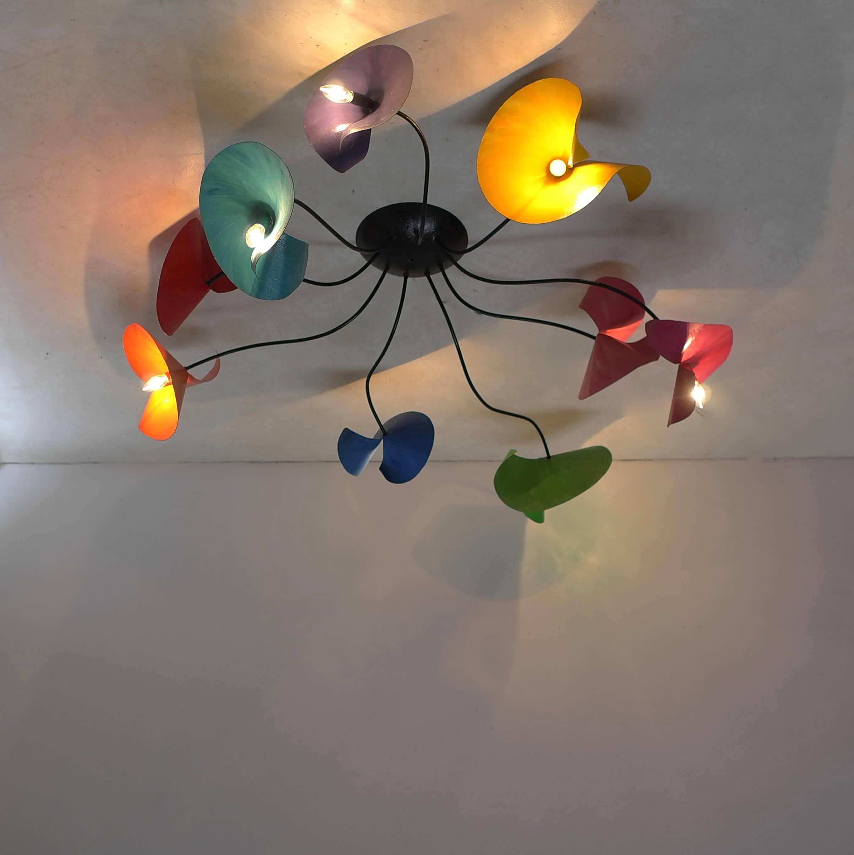 European Extra Large Sculptural Sputnik Chandelier with Multicolored Leaves, 1960s