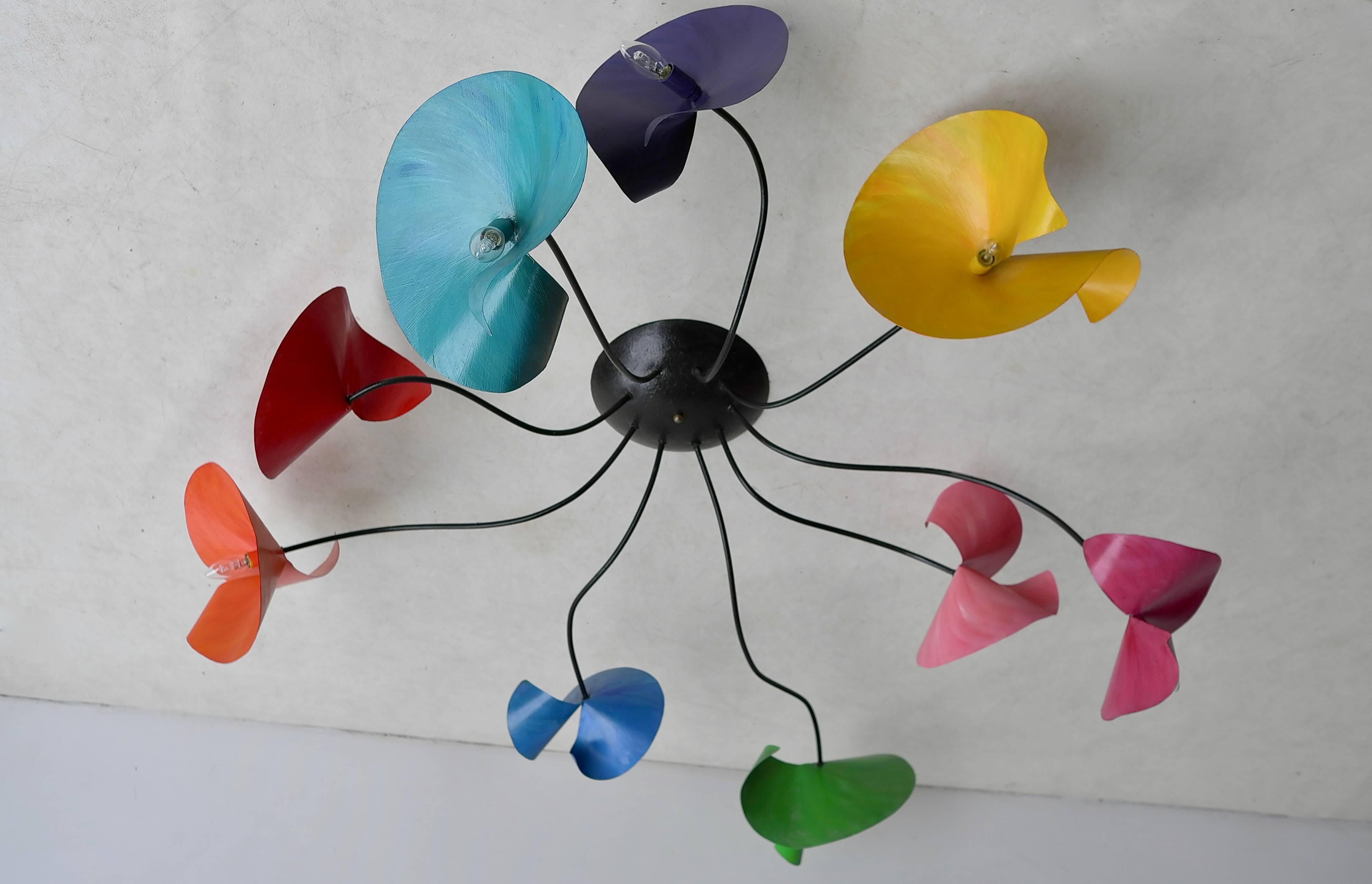 Metal Extra Large Sculptural Sputnik Chandelier with Multicolored Leaves, 1960s