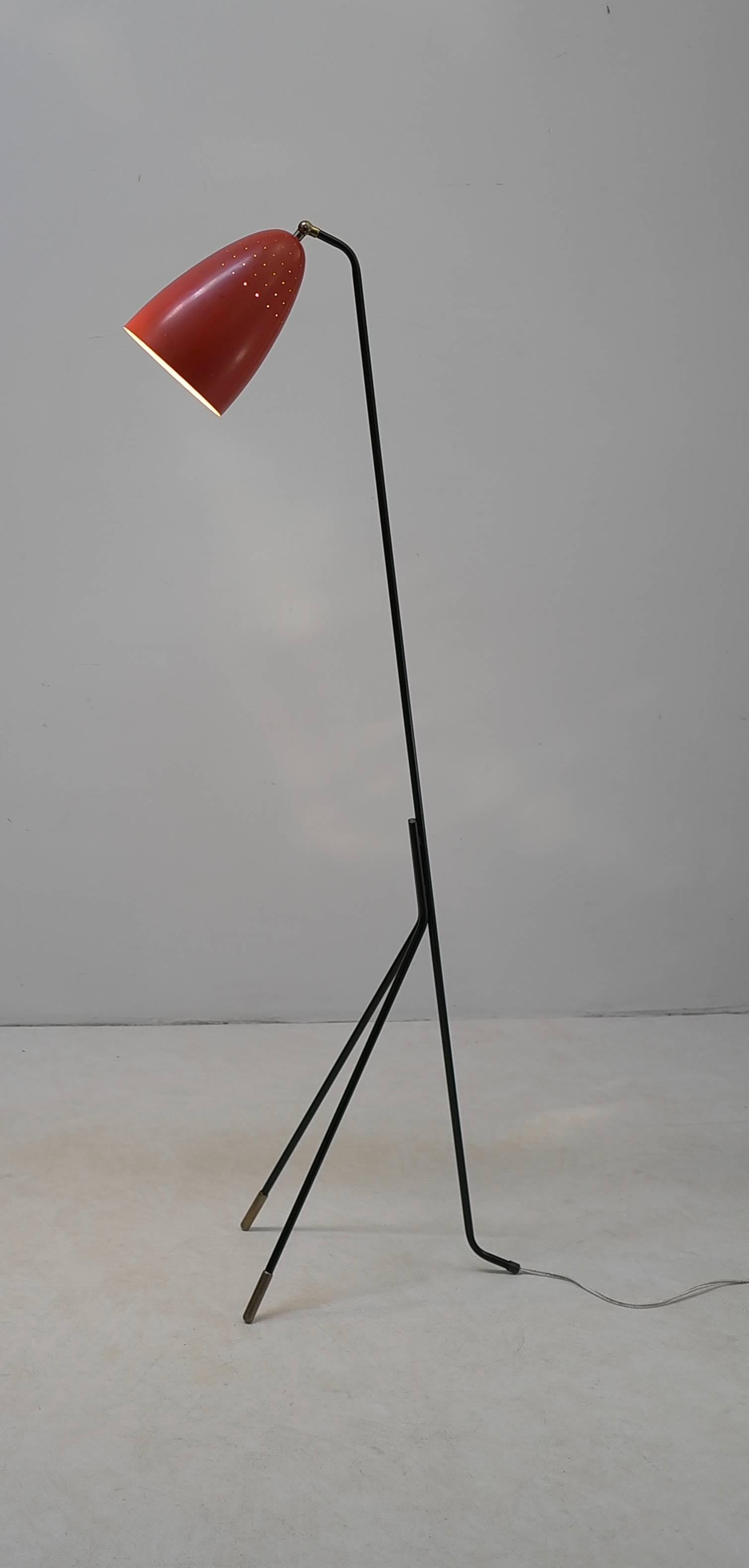 Metal Red Grasshopper Floor Lamp by Svend Aage Holm Sorensen, Denmark, 1950s For Sale