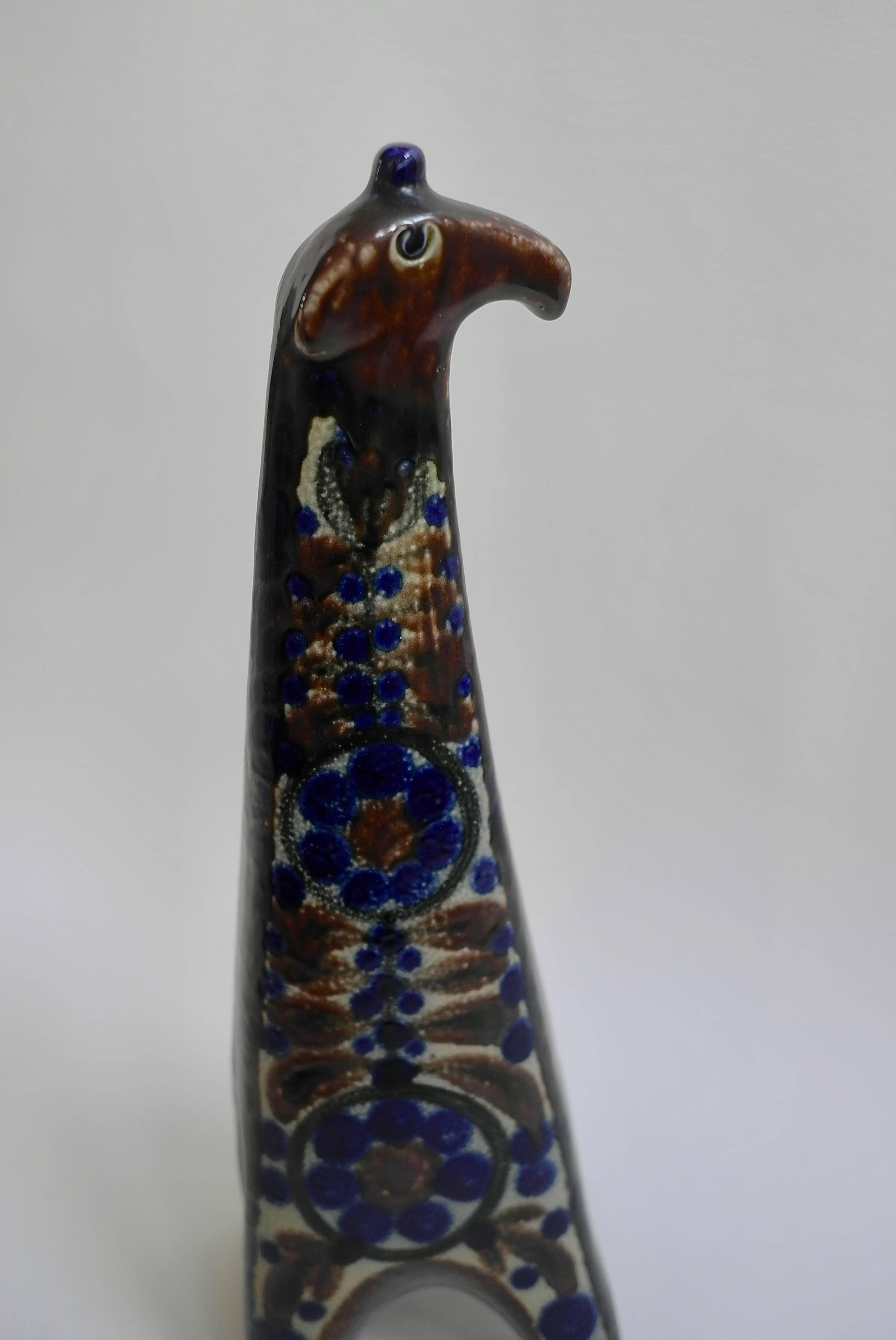 Large Danish ceramic giraffe, 1960s. In beautiful blue and brown tones.