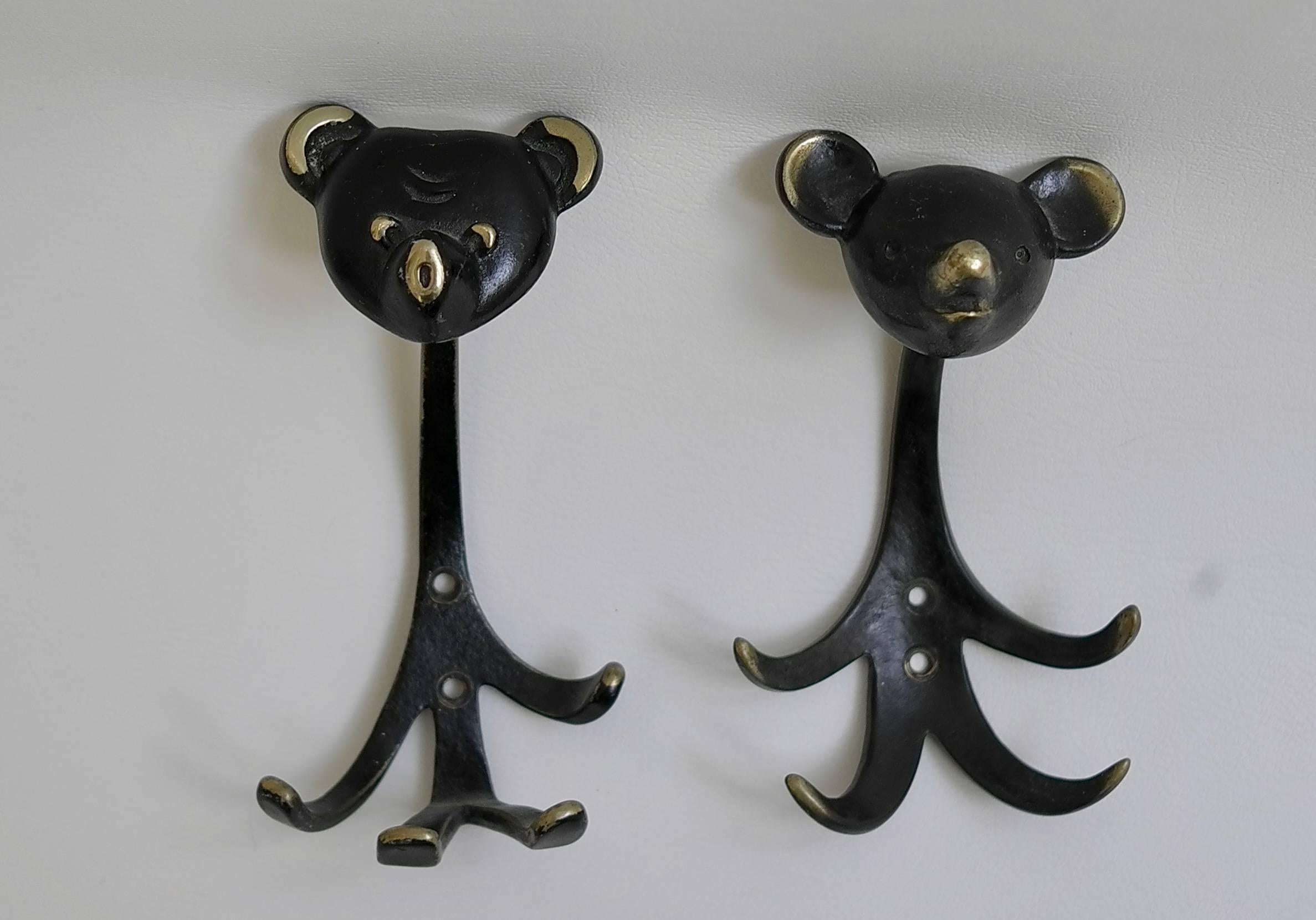 Mid-Century Modern Two Walter Bosse Brass Wall Hooks of a Bear, Austria, 1950s