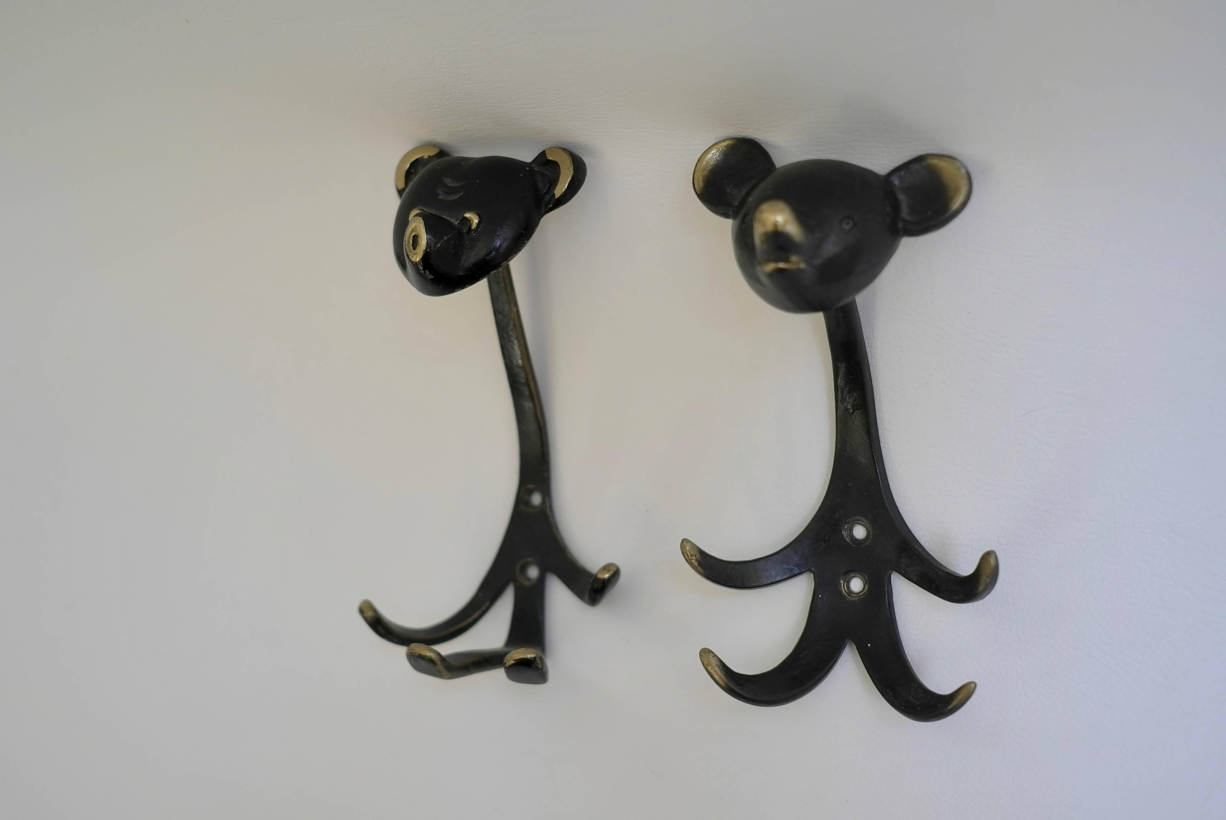 Mid-20th Century Two Walter Bosse Brass Wall Hooks of a Bear, Austria, 1950s