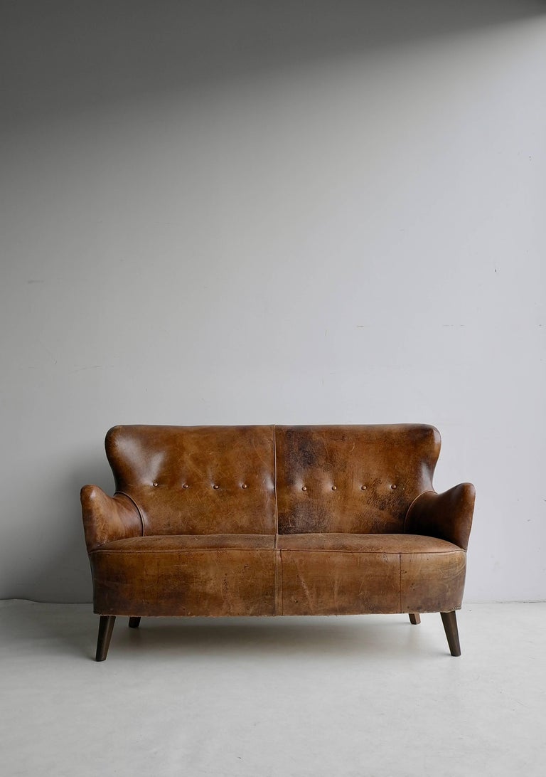 Cognac Leather Danish Sofa With A Rich Patina At 1stdibs