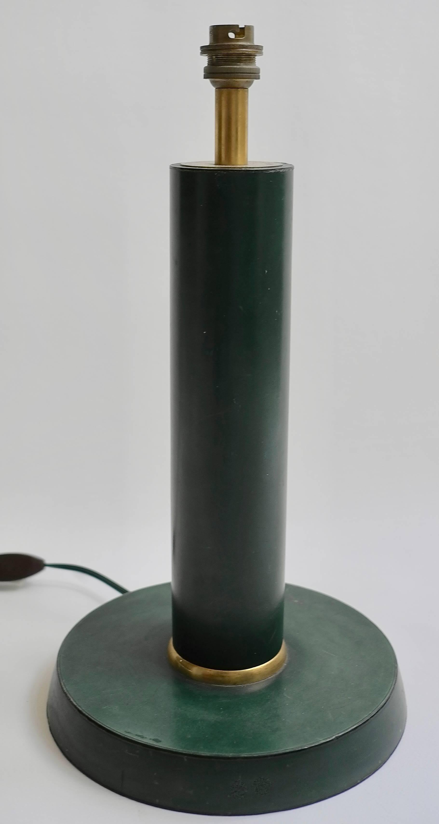 French Large Jacques Adnet Green Leather Table Lamp