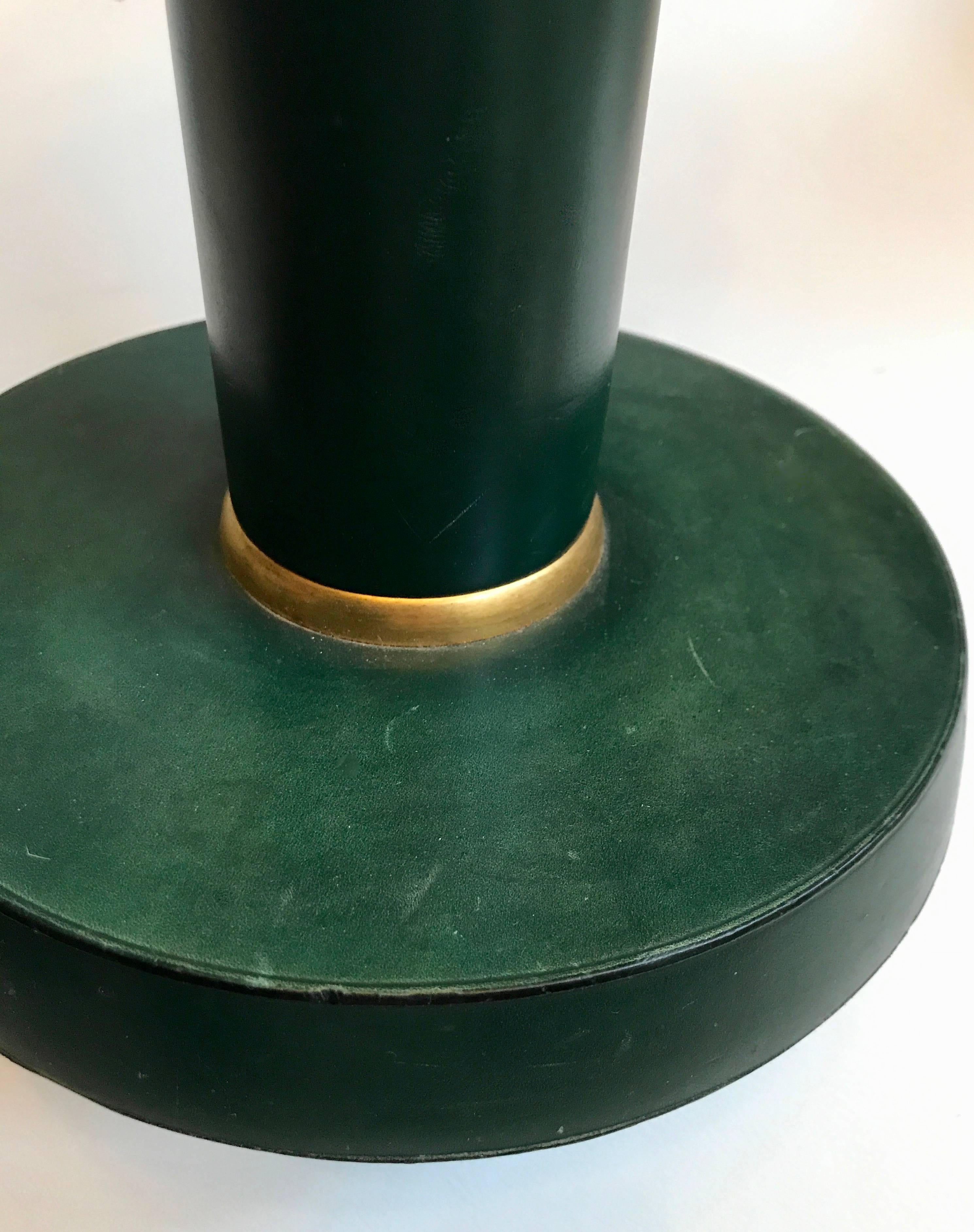 Brass Large Jacques Adnet Green Leather Table Lamp