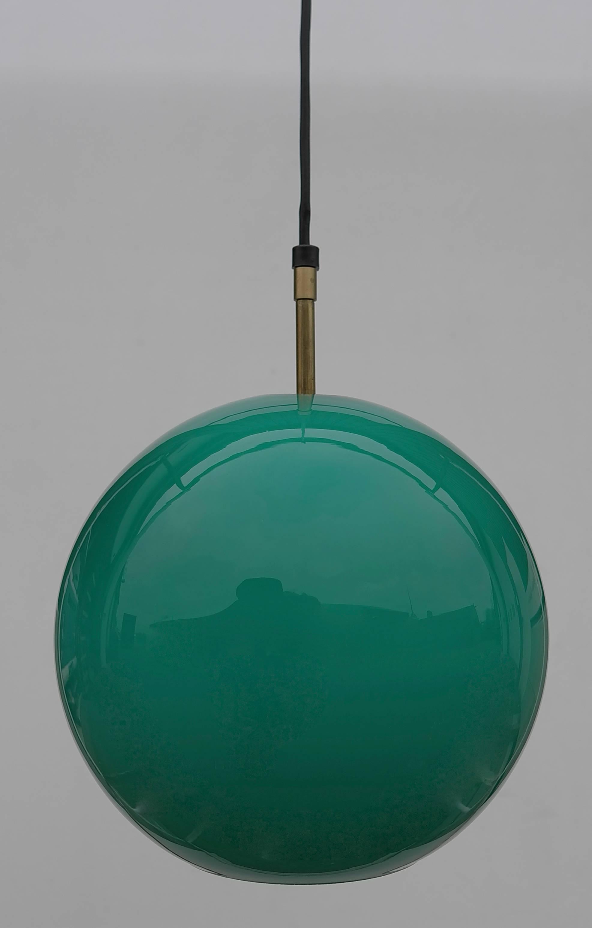 Swedish 3x Uno & Östen Kristiansson Glass Pendant Lamp in Jade Color, Sweden, 1960s For Sale