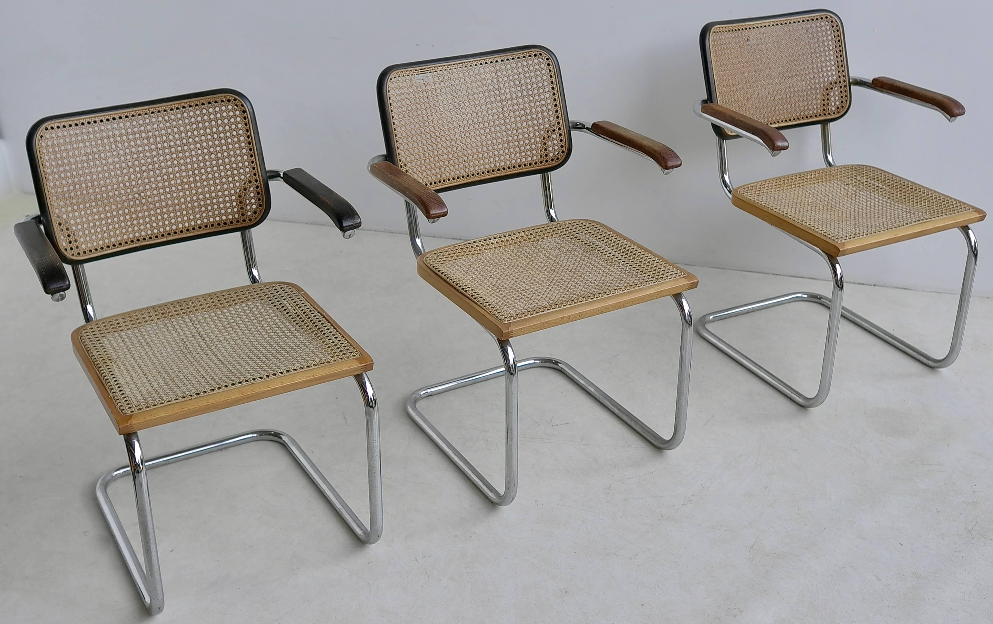 The S64 chair was designed by Marcel Breuer for Thonet in 1929.
These original Thonet chairs are made of chrome-plated tubular steel, dark brown and natural bentwood and a cane finish. Rare in this wood/color combination. These are early produced