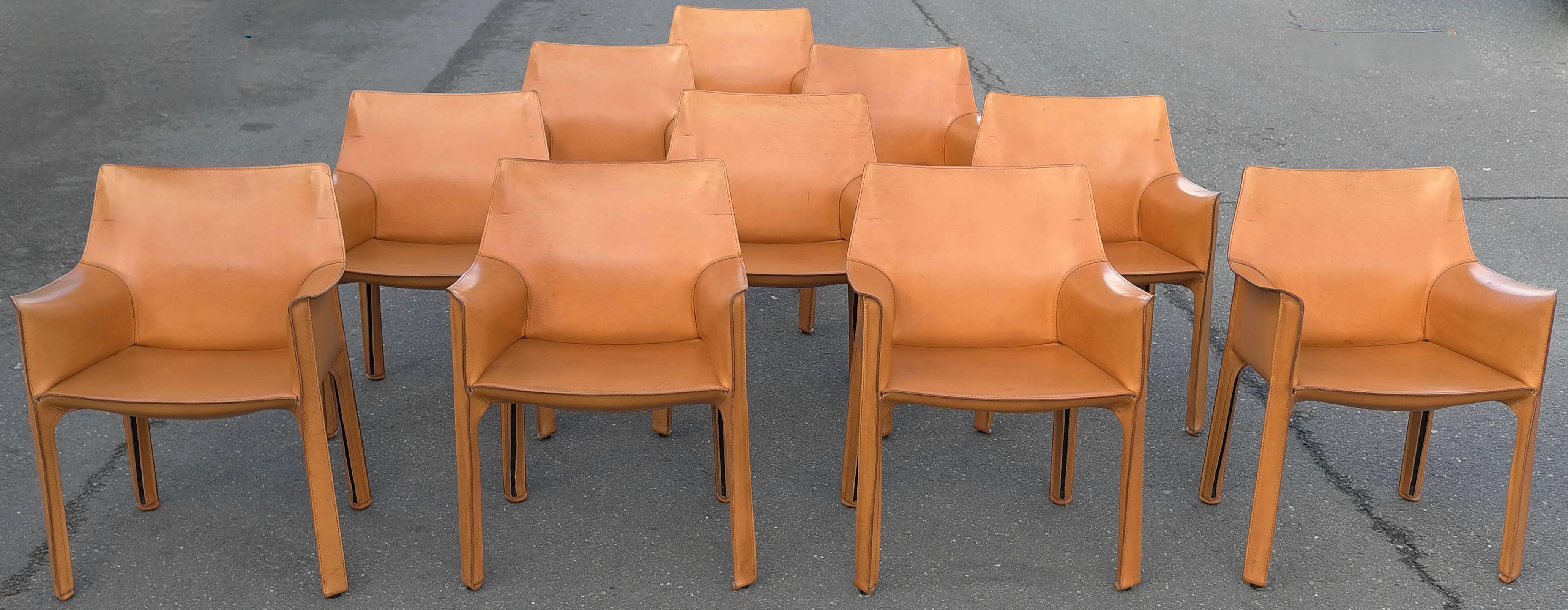 Late 20th Century Set of Ten Cab Dining Chairs by Mario Bellini for Cassina in Cognac Leather