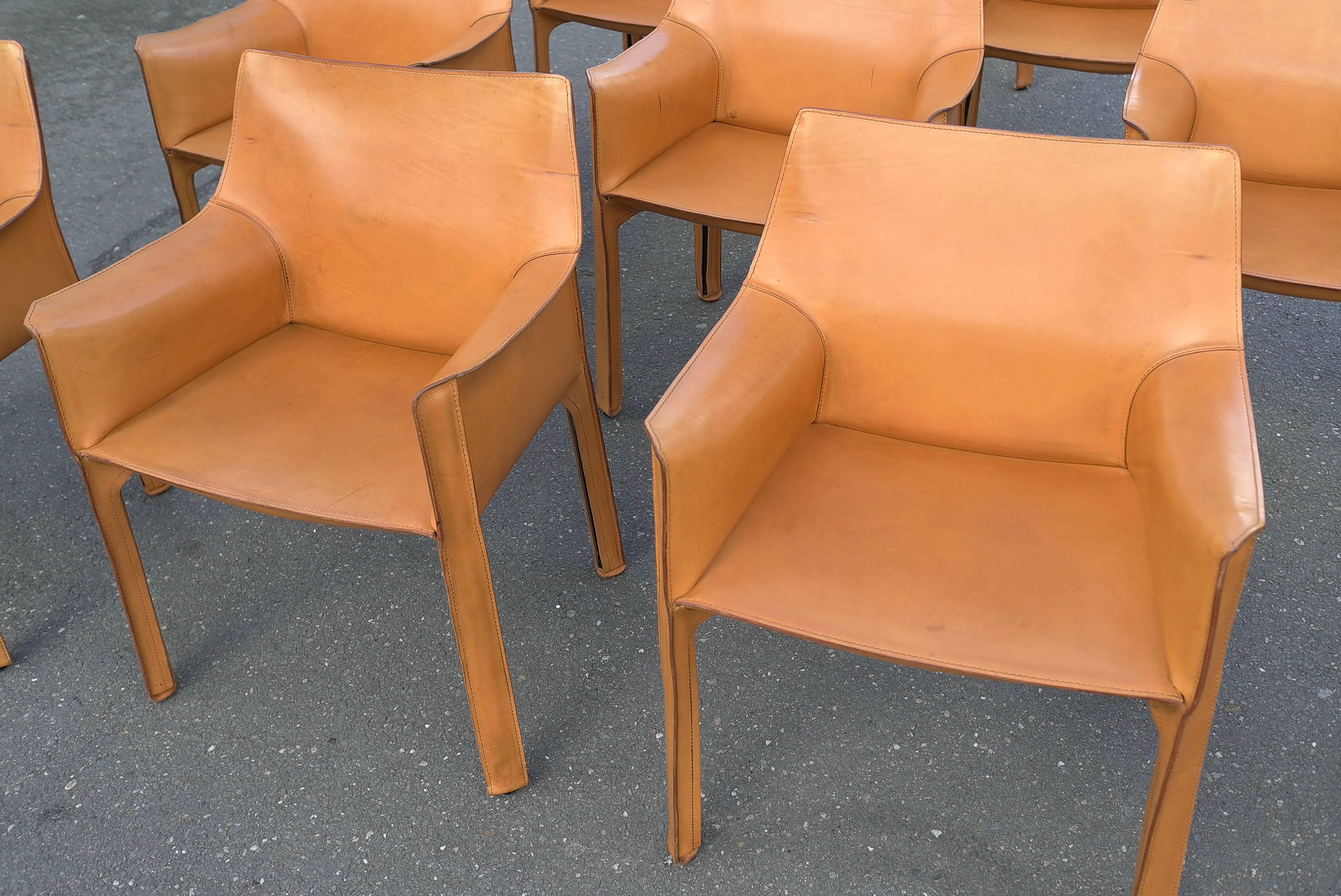 Italian Set of Ten Cab Dining Chairs by Mario Bellini for Cassina in Cognac Leather