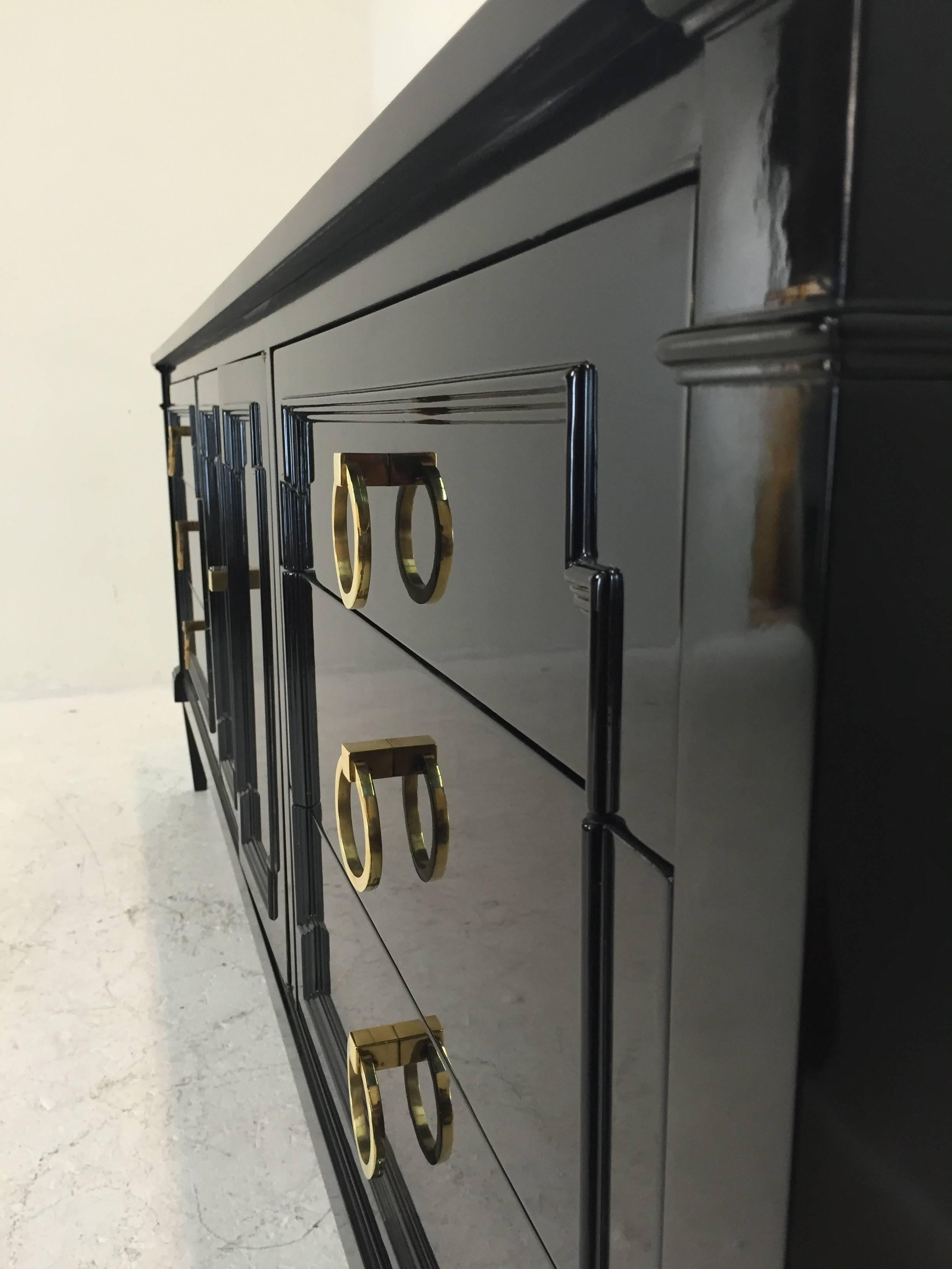 Black Lacquer Dresser with New Brass Hardware In Excellent Condition In Dallas, TX