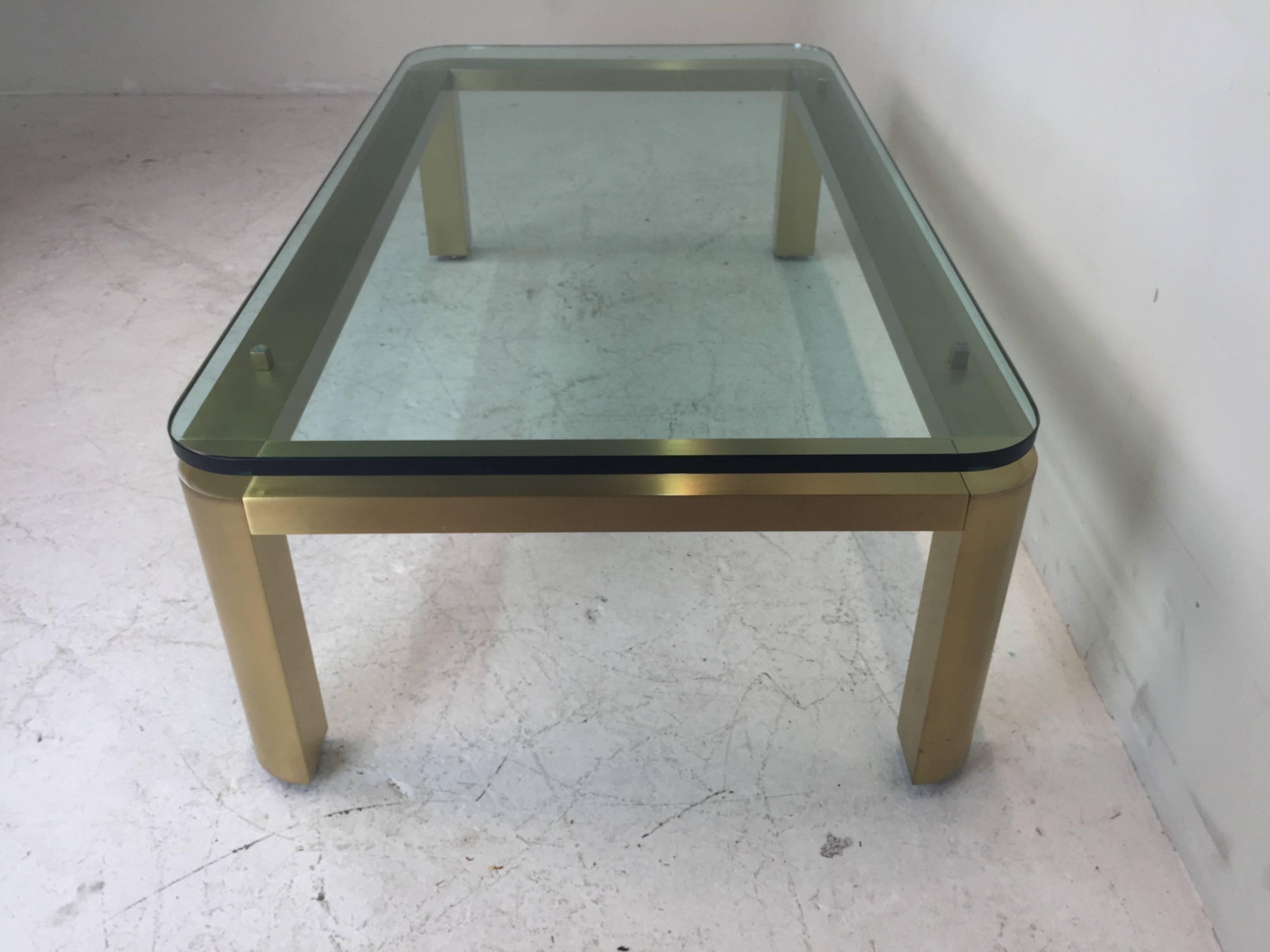 Stylish 1970s Brushed Brass Coffee Table with Round Corners In Excellent Condition In Dallas, TX